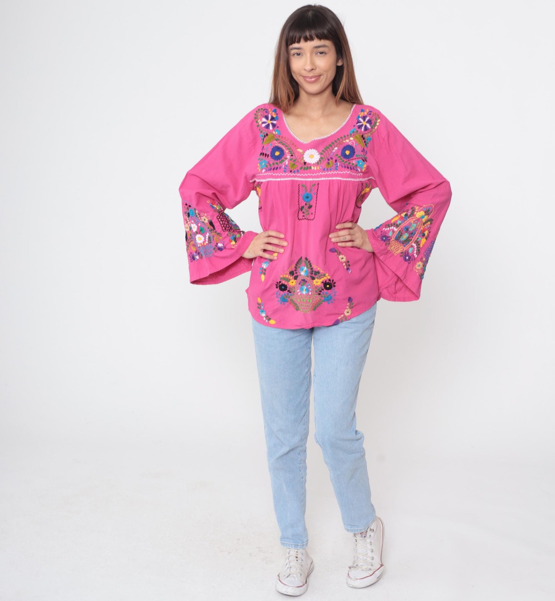 90s Embroidered Bell Sleeve Blouse Fuchsia Floral Cotton Tunic Medium M