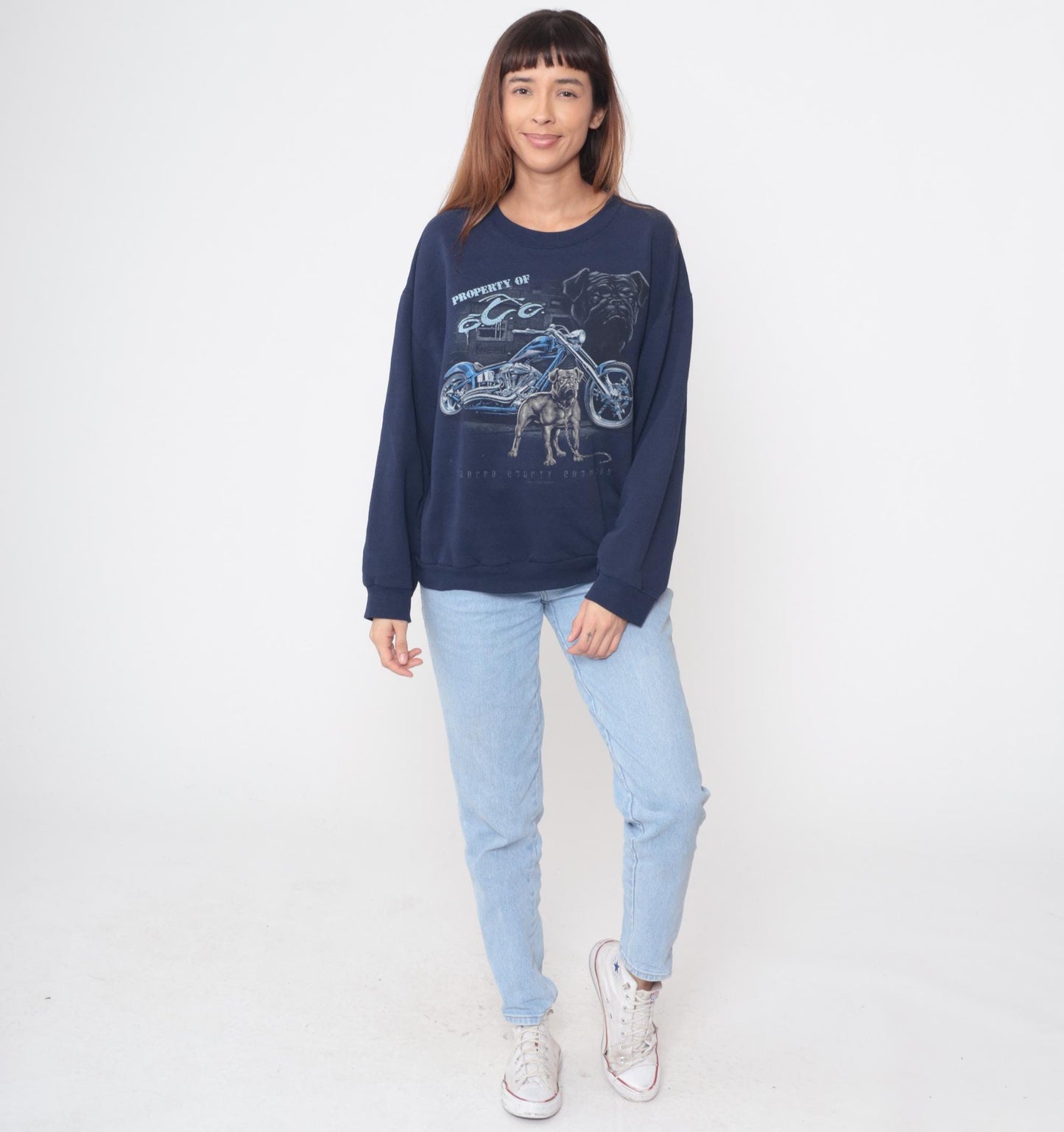 90s Jerzees Biker Sweatshirt Navy Blue Bulldog Motorcycle Graphic Medium M