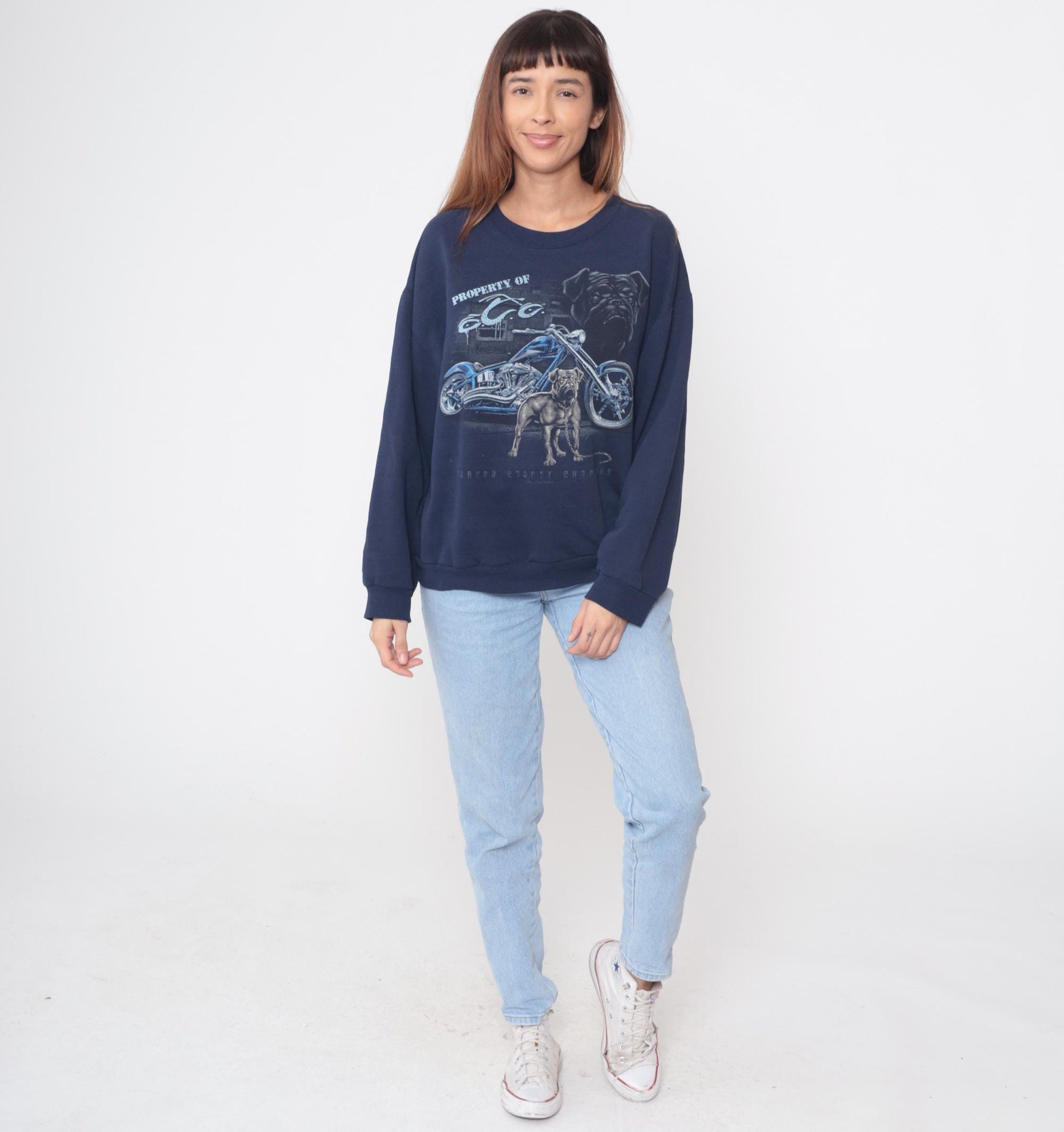 90s Jerzees Biker Sweatshirt Navy Blue Bulldog Motorcycle Graphic Medium M
