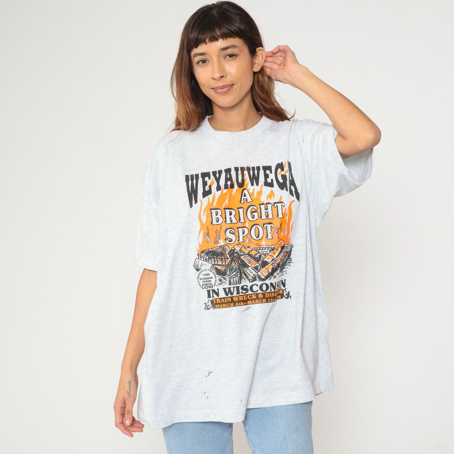 1996 Weyauwega Train Wreck Disaster Event Tee Grey Flame Print XXL