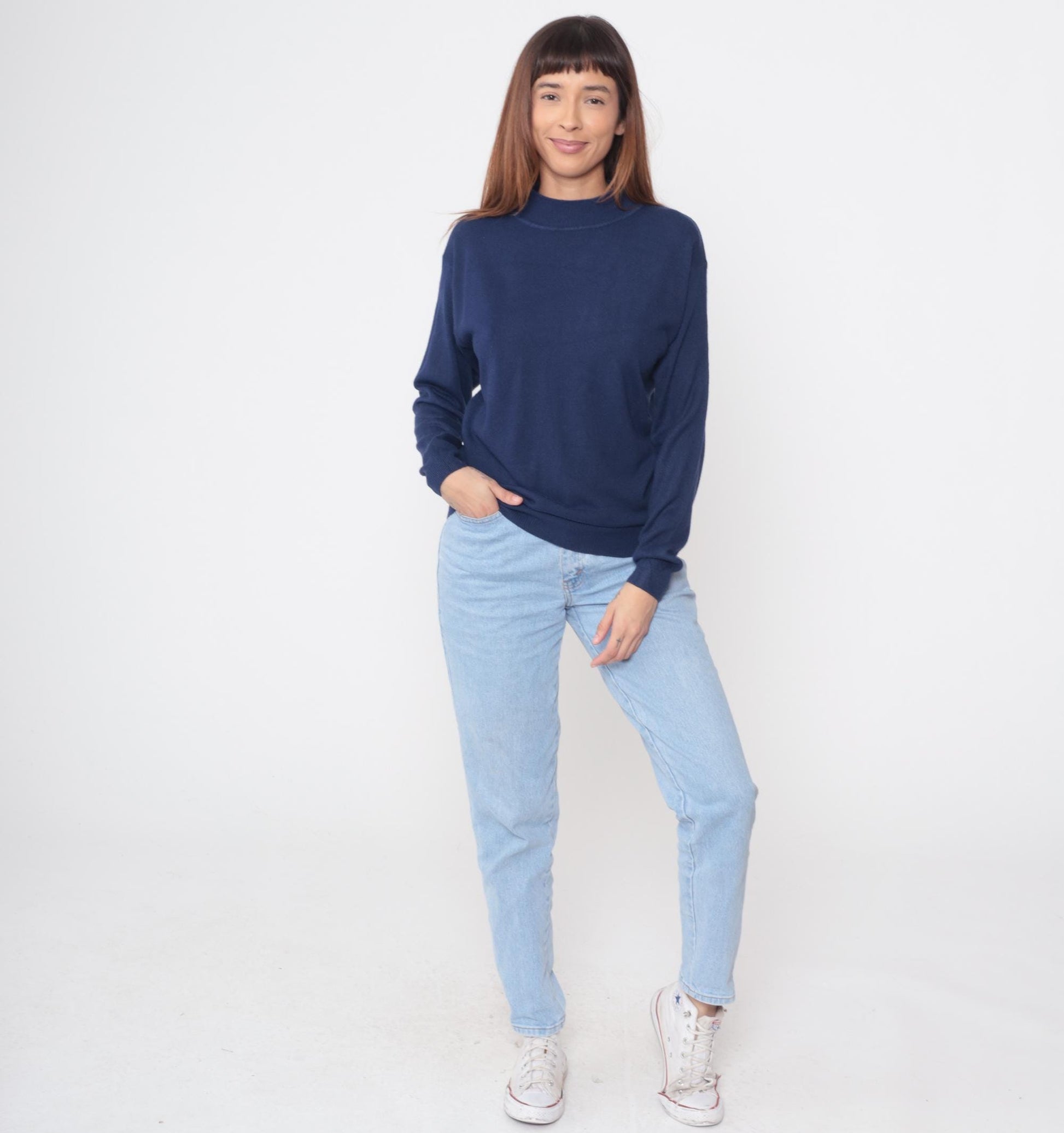 90s Navy Cashmere Sweater Mock Neck Pullover Medium M