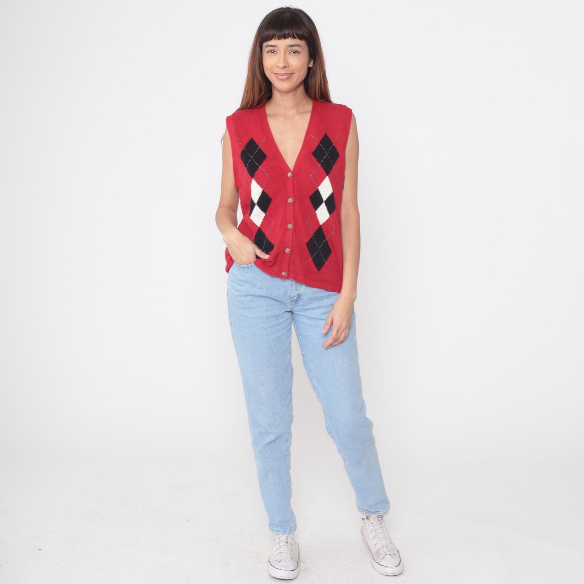 Sag Harbor Argyle Sweater Vest Red Black V-Neck Button Front Medium M