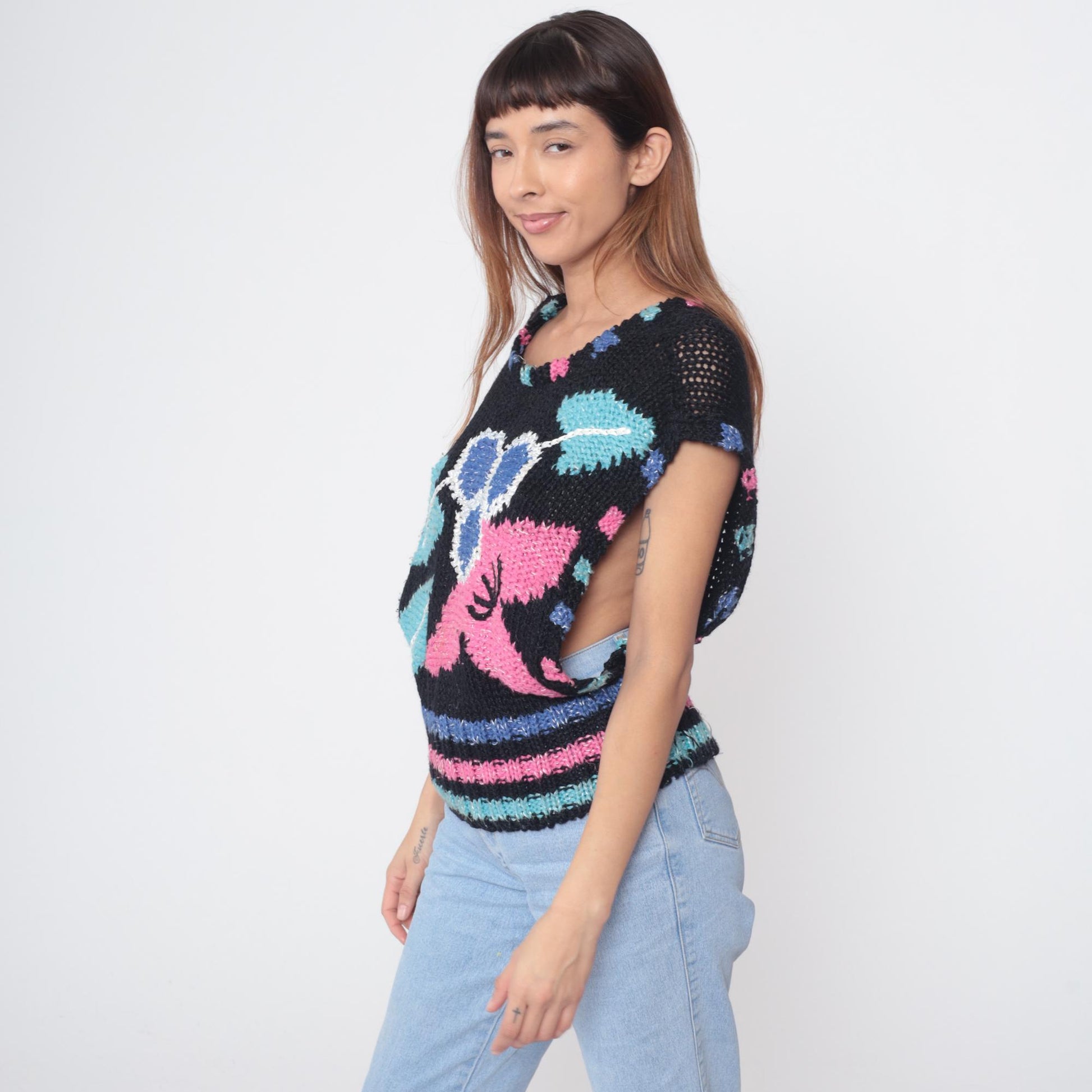 80s Sheridan Unique Knit Sweater Vest Black Floral Hot Pink Electric Blue Medium M