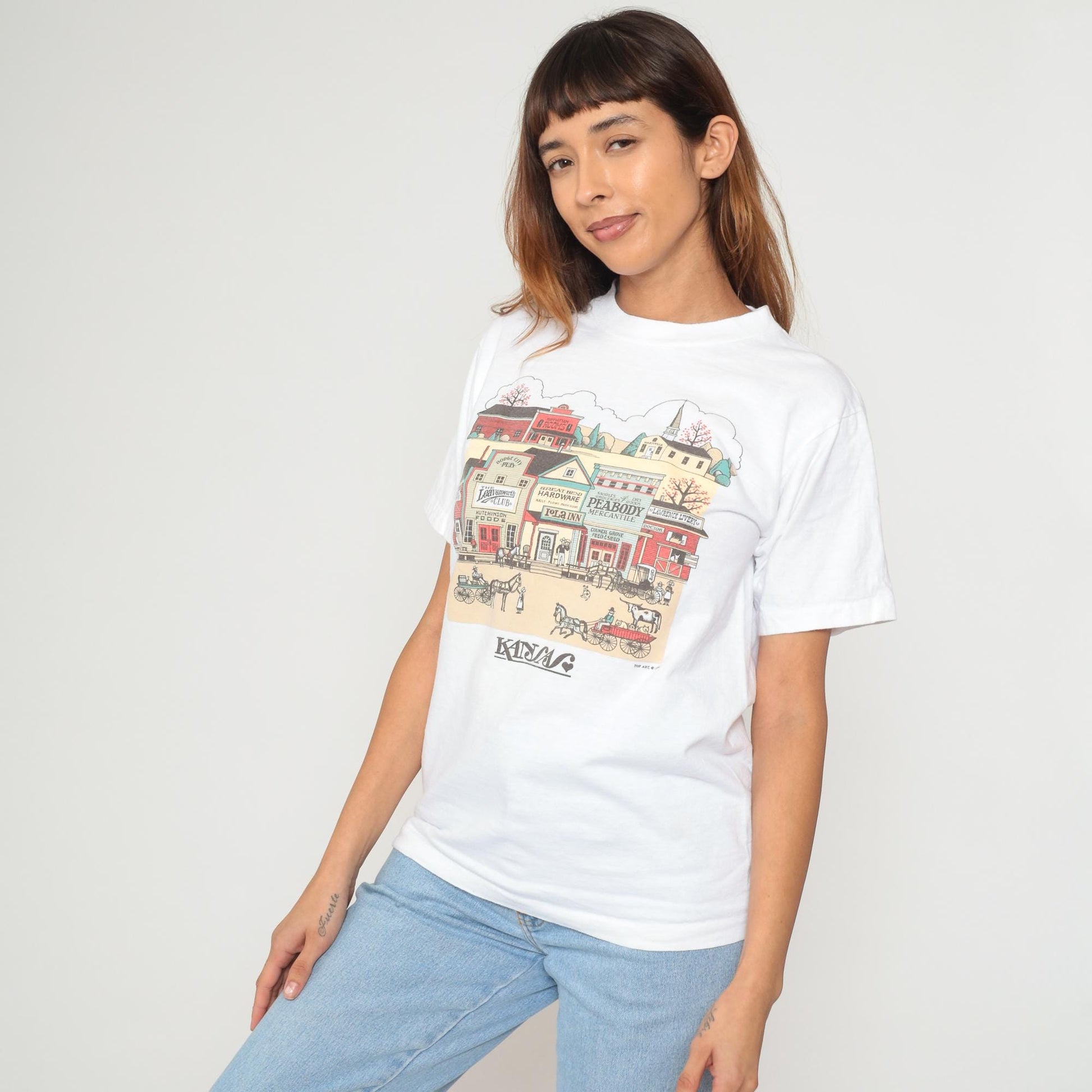 90s Oneita Peabody Kansas Western Town Graphic Tee White Cotton Medium