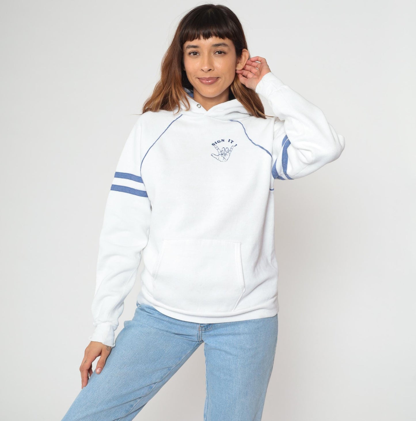 80s Jerzees Sign Language Hoodie White Blue Varsity Raglan Large