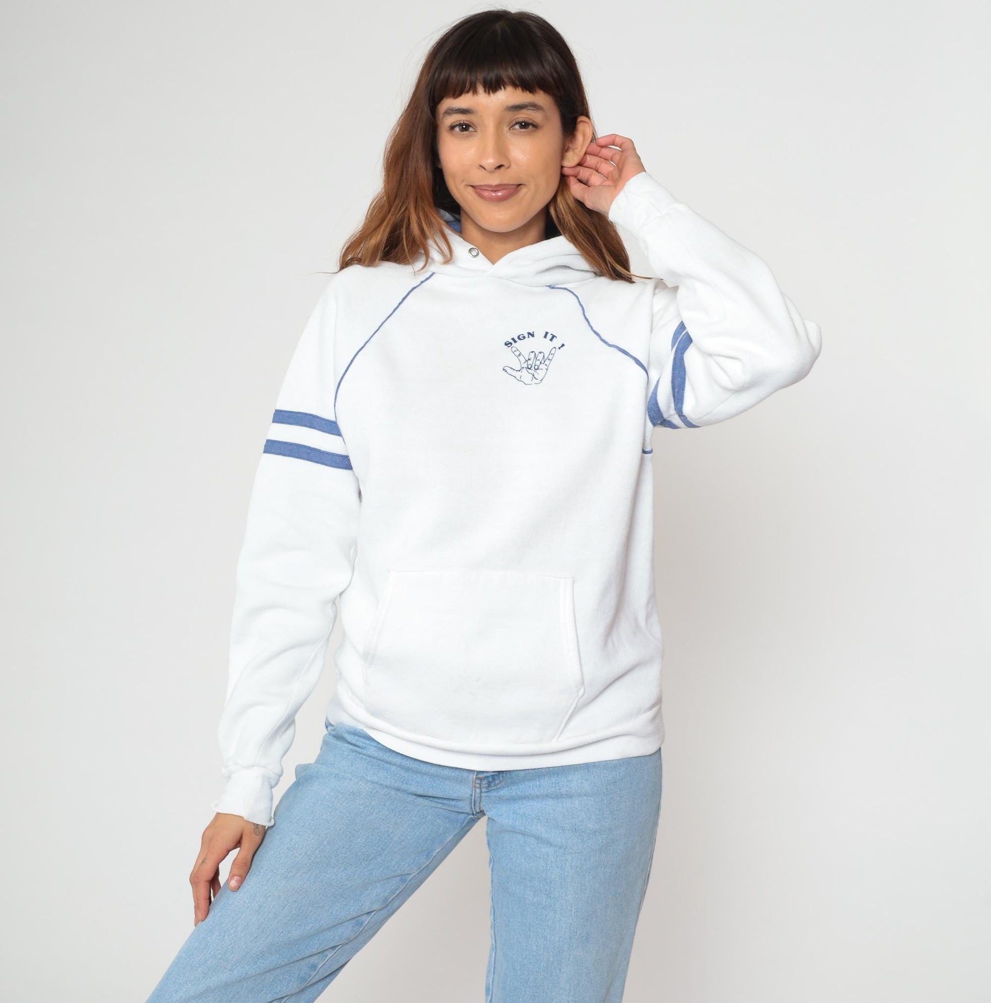 80s Jerzees Sign Language Hoodie White Blue Varsity Raglan Large