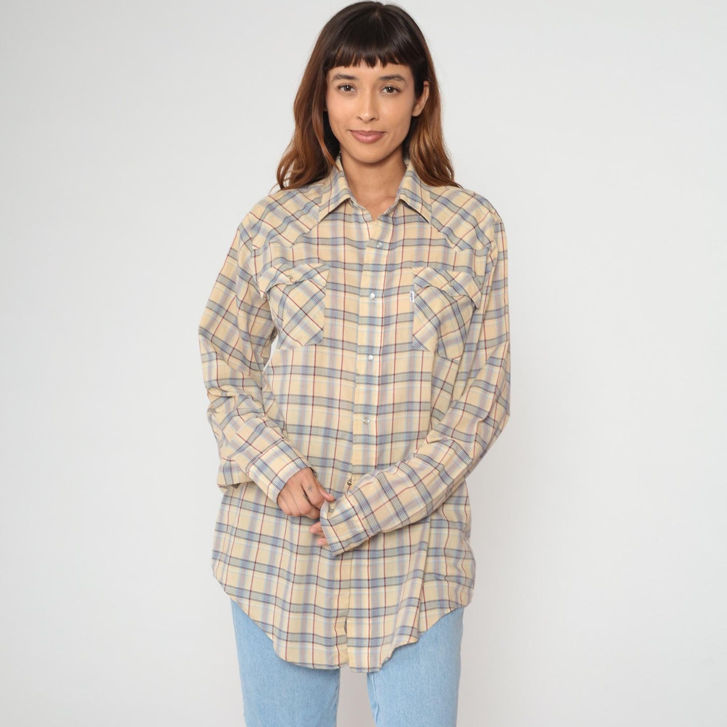 80s Levi's Plaid Button-Up Shirt Tan Brown Cotton Long Sleeve Large