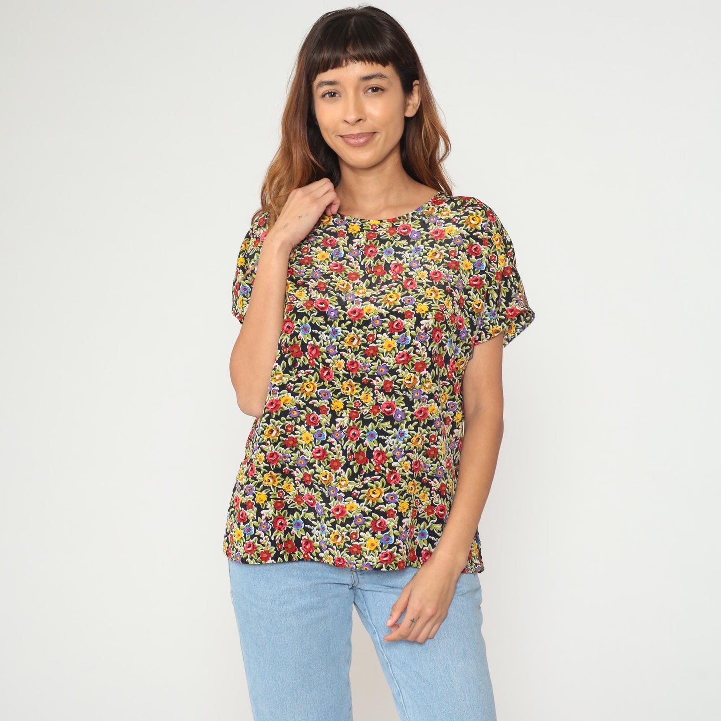 90s Black Floral Ditsy Print Blouse Short Sleeve Crew Neck Medium