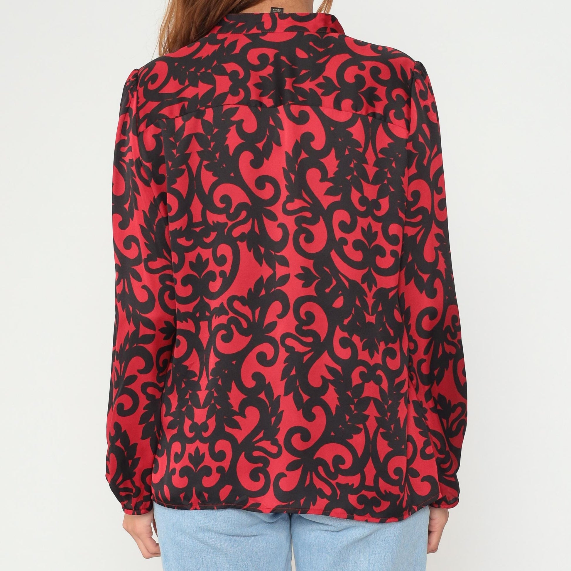 Y2K Worthington Petite Mandarin Collar Blouse Red Black Scroll Print Long Sleeve Extra Large