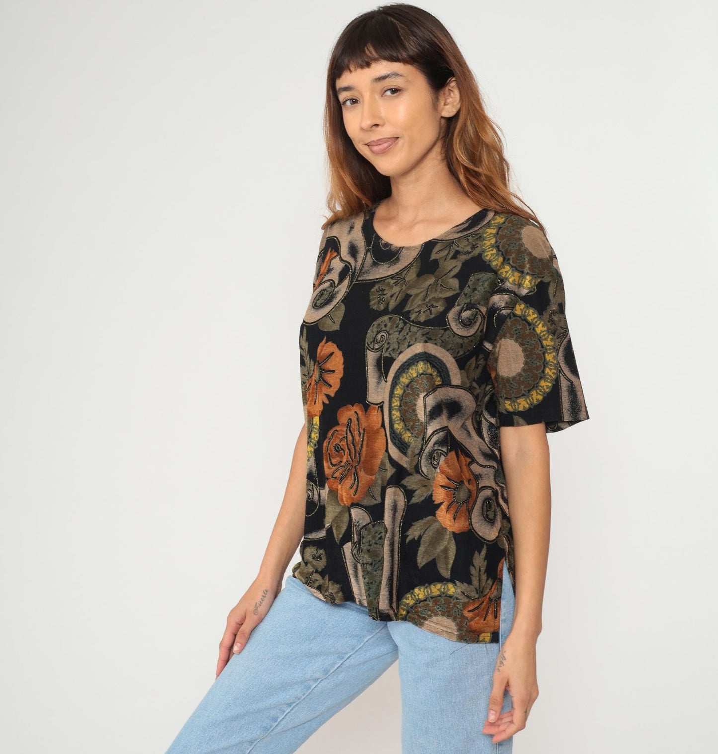 90s Jostar Floral Scroll Print T-Shirt Black Rust Orange Olive Large