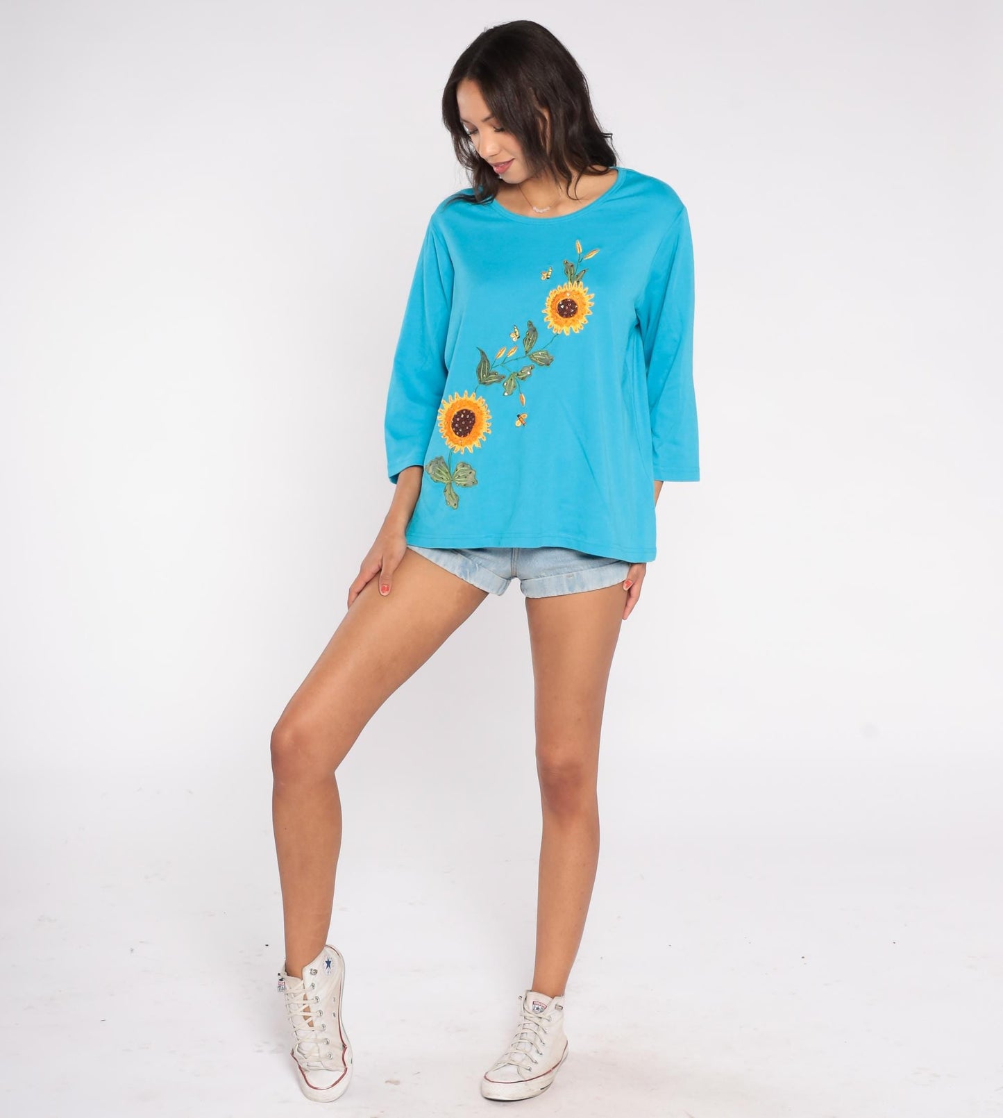 90s Sunflower Bee Embroidered Turquoise Cotton Knit Top Long Sleeve Extra Large XL