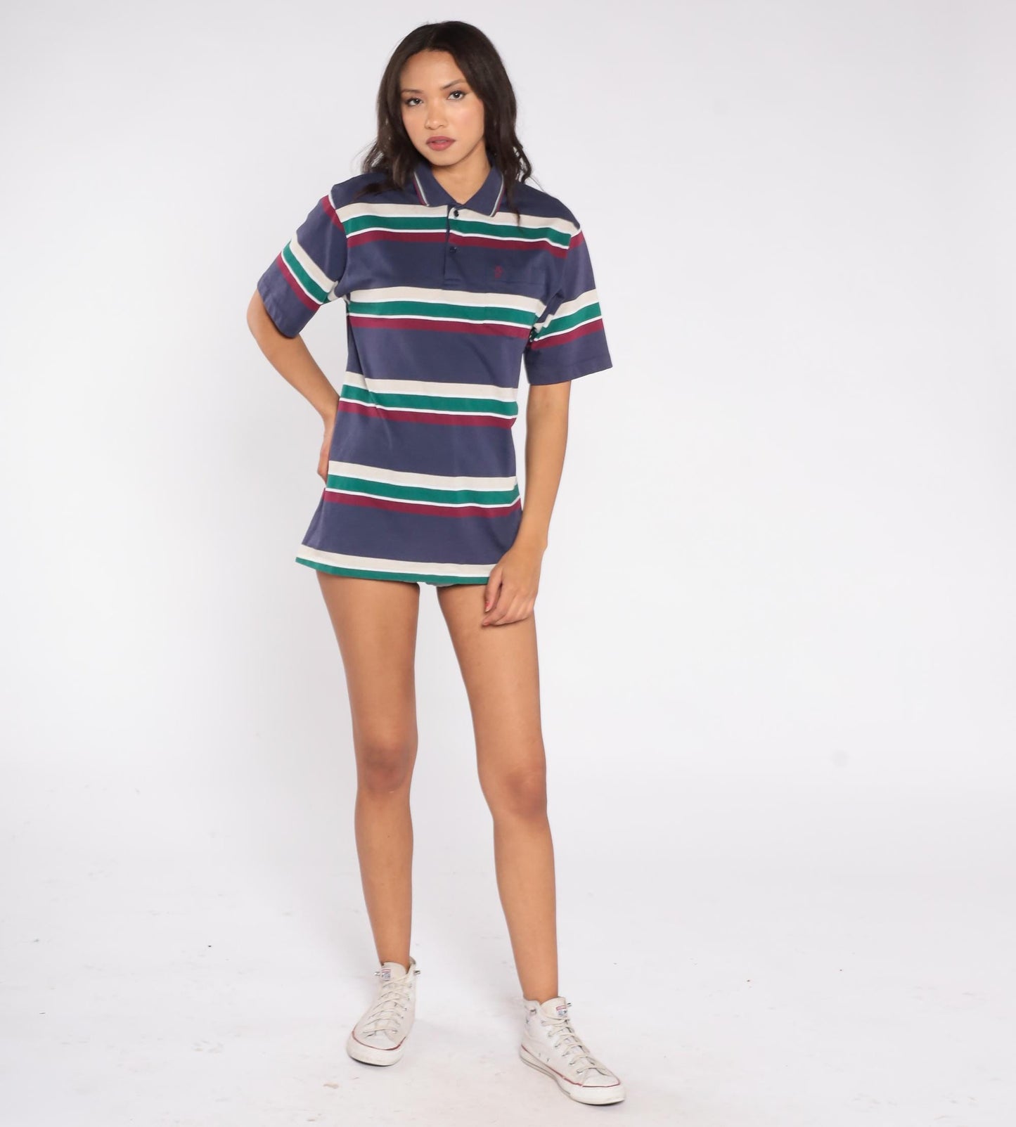 80s Penguin Club Striped Polo Shirt Navy Cream Green Burgundy Medium M