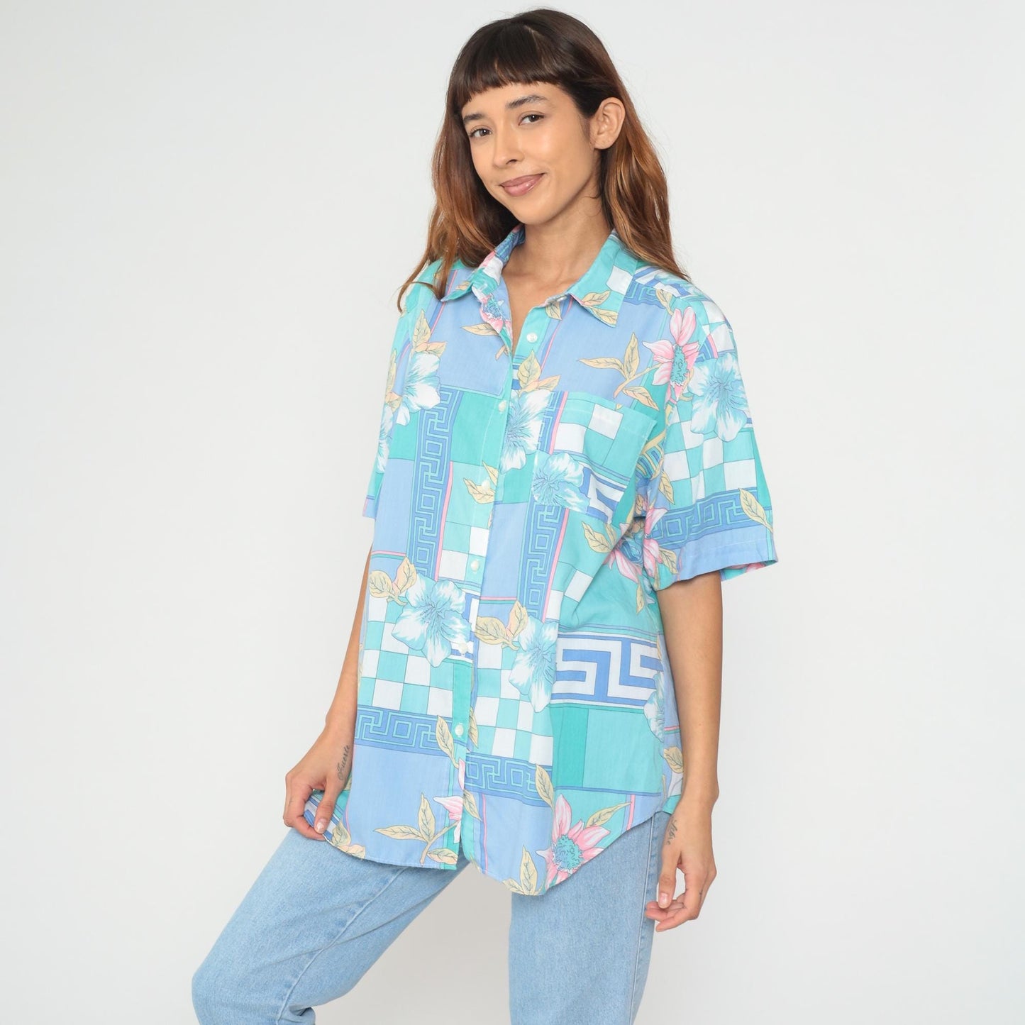 80s Alfred Dunner Tropical Floral Geometric Button Up Shirt Blue Teal Extra Large XL