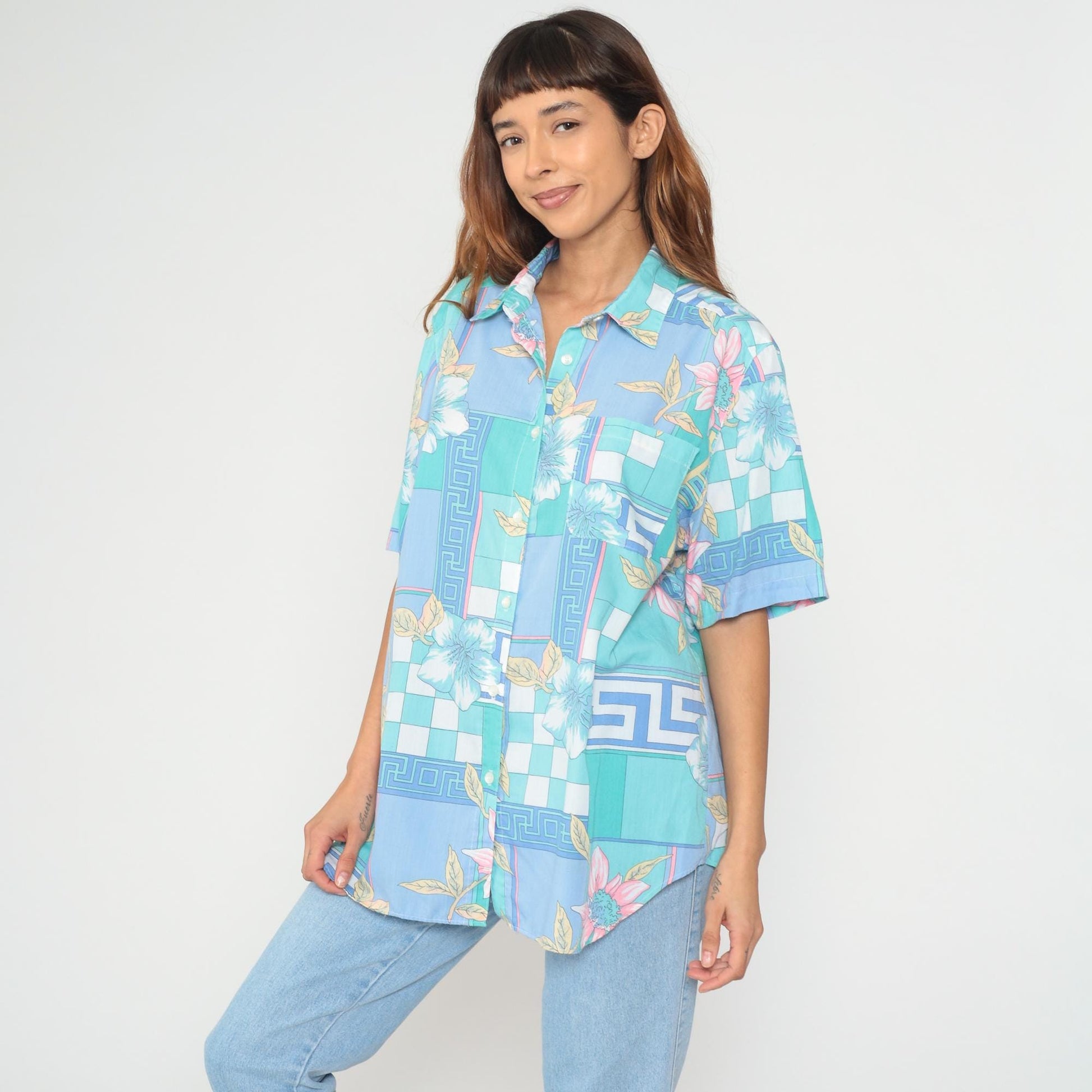 80s Alfred Dunner Tropical Floral Geometric Button Up Shirt Blue Teal Extra Large XL