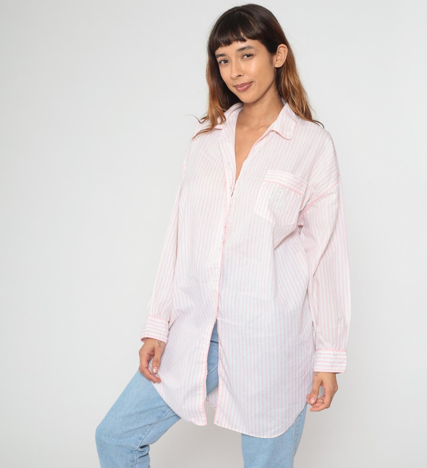90s Apostrophe Pink White Striped Cotton Button Down Shirt Medium