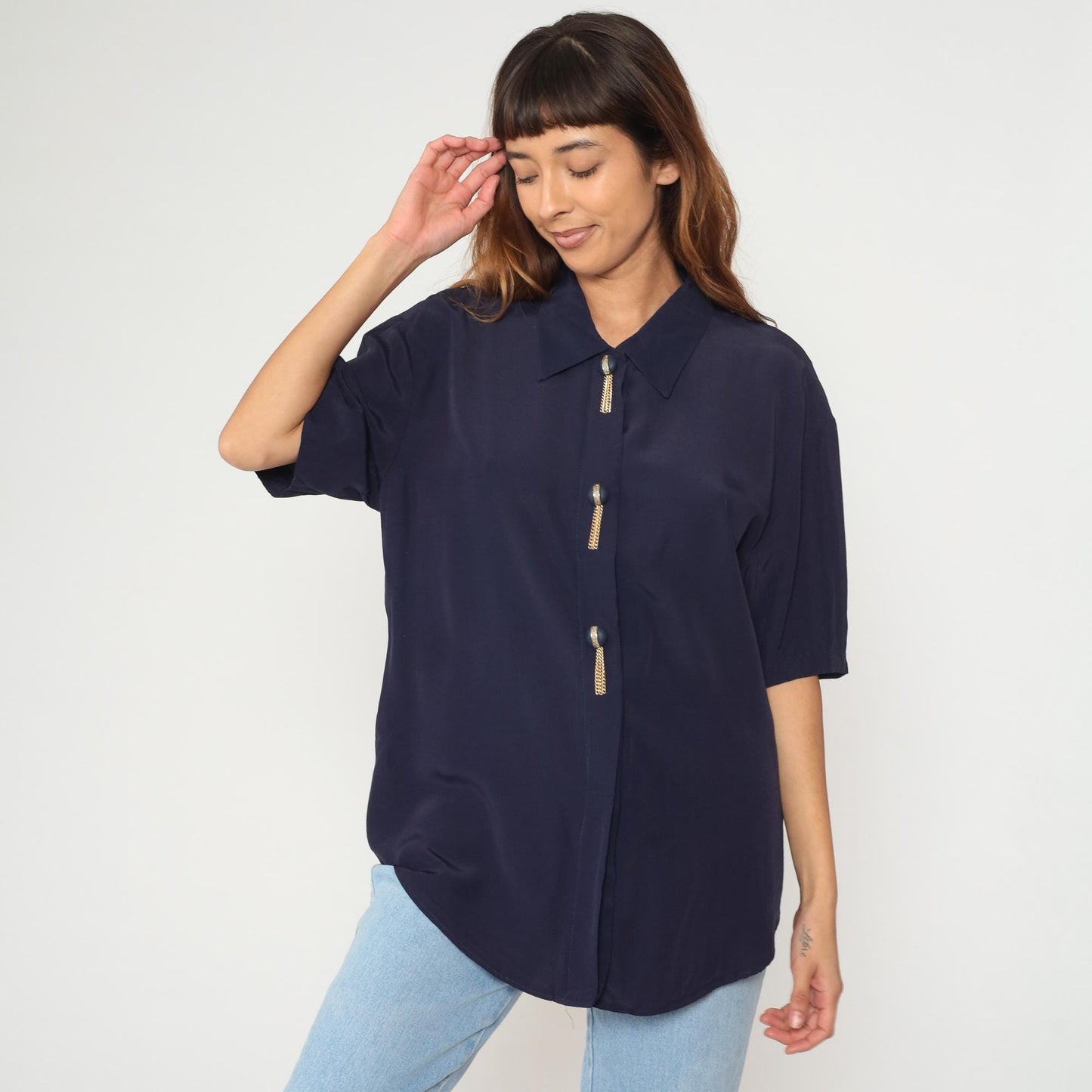 90s Navy Blouse with Gold Chain Detail Short Sleeve Point Collar Large L