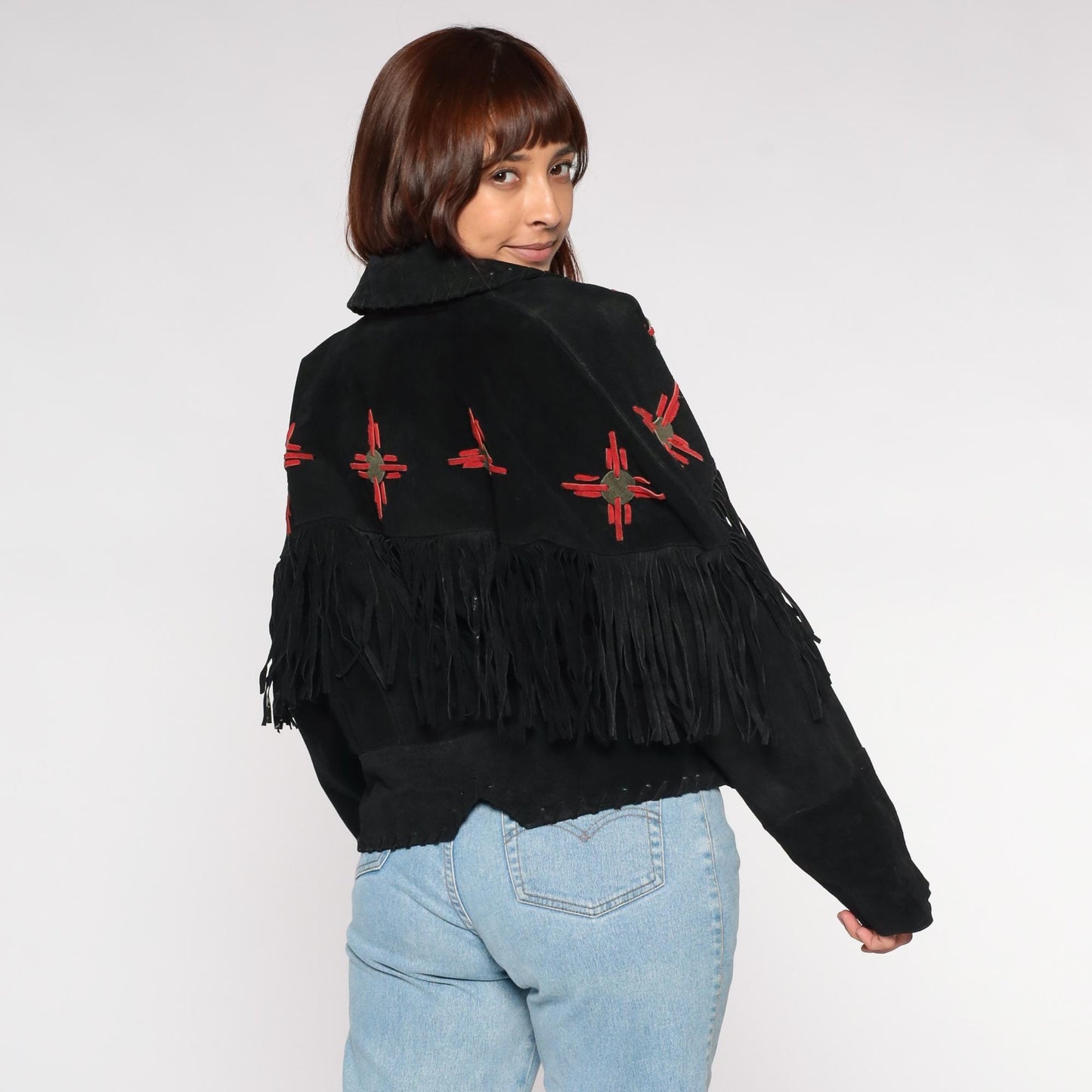 90s Learsi Black Leather Western Jacket Fringe Red Star Motif Large L