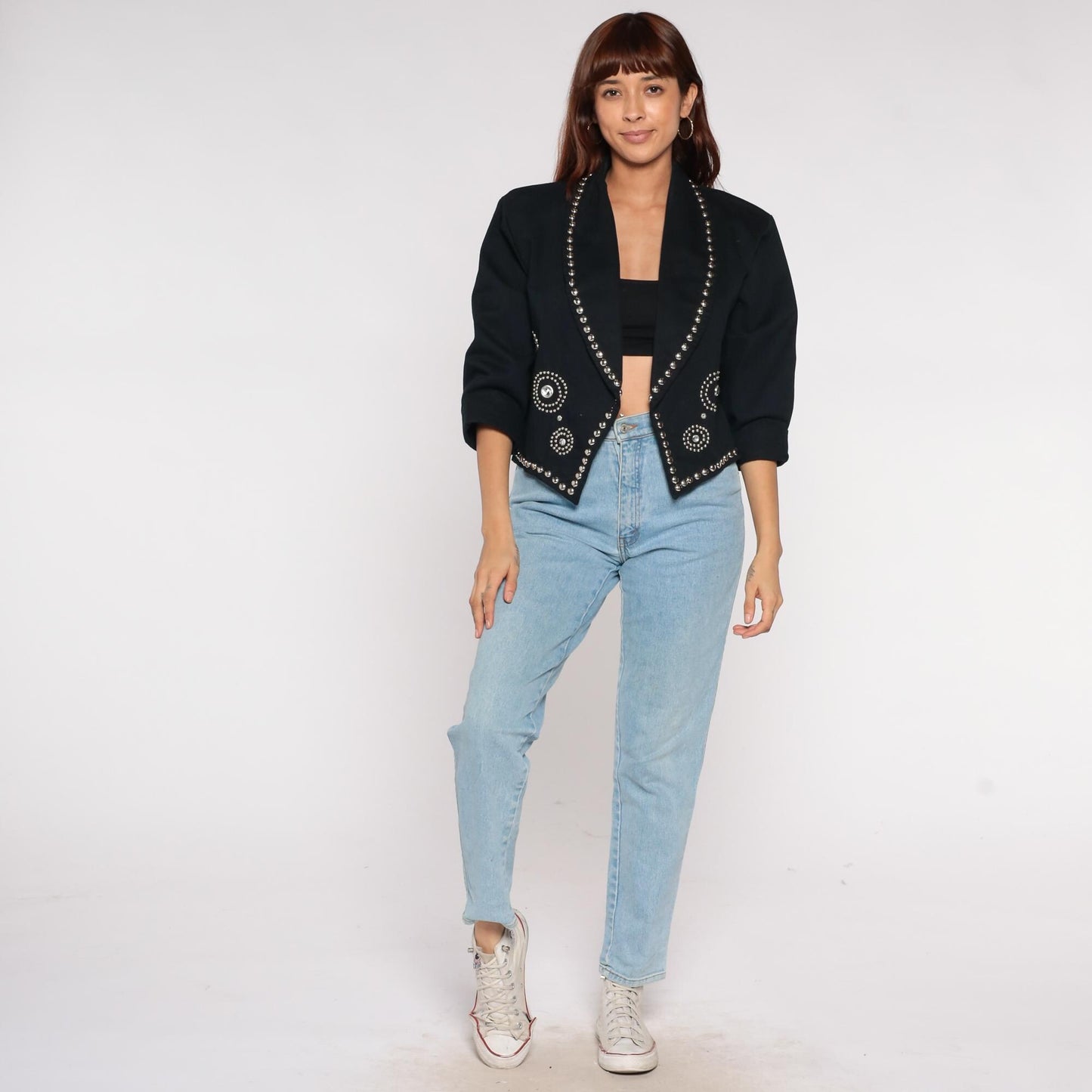 90s Molato Black Cotton Blazer Rhinestone Stud Embellished Cropped Large L