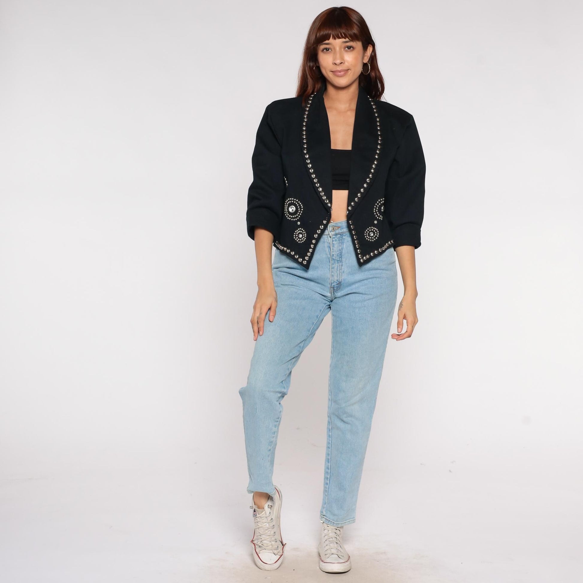 90s Molato Black Cotton Blazer Rhinestone Stud Embellished Cropped Large L