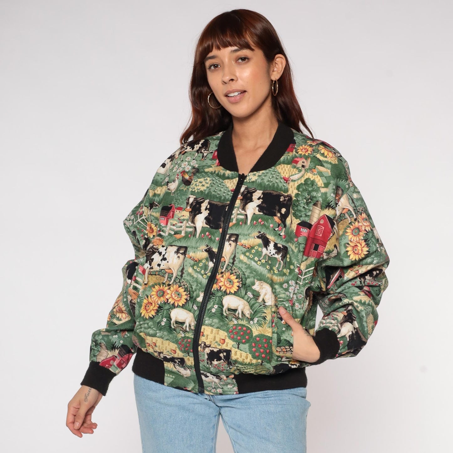 90s Infinity Chic Reversible Bomber Jacket Cat Farm Print Cotton