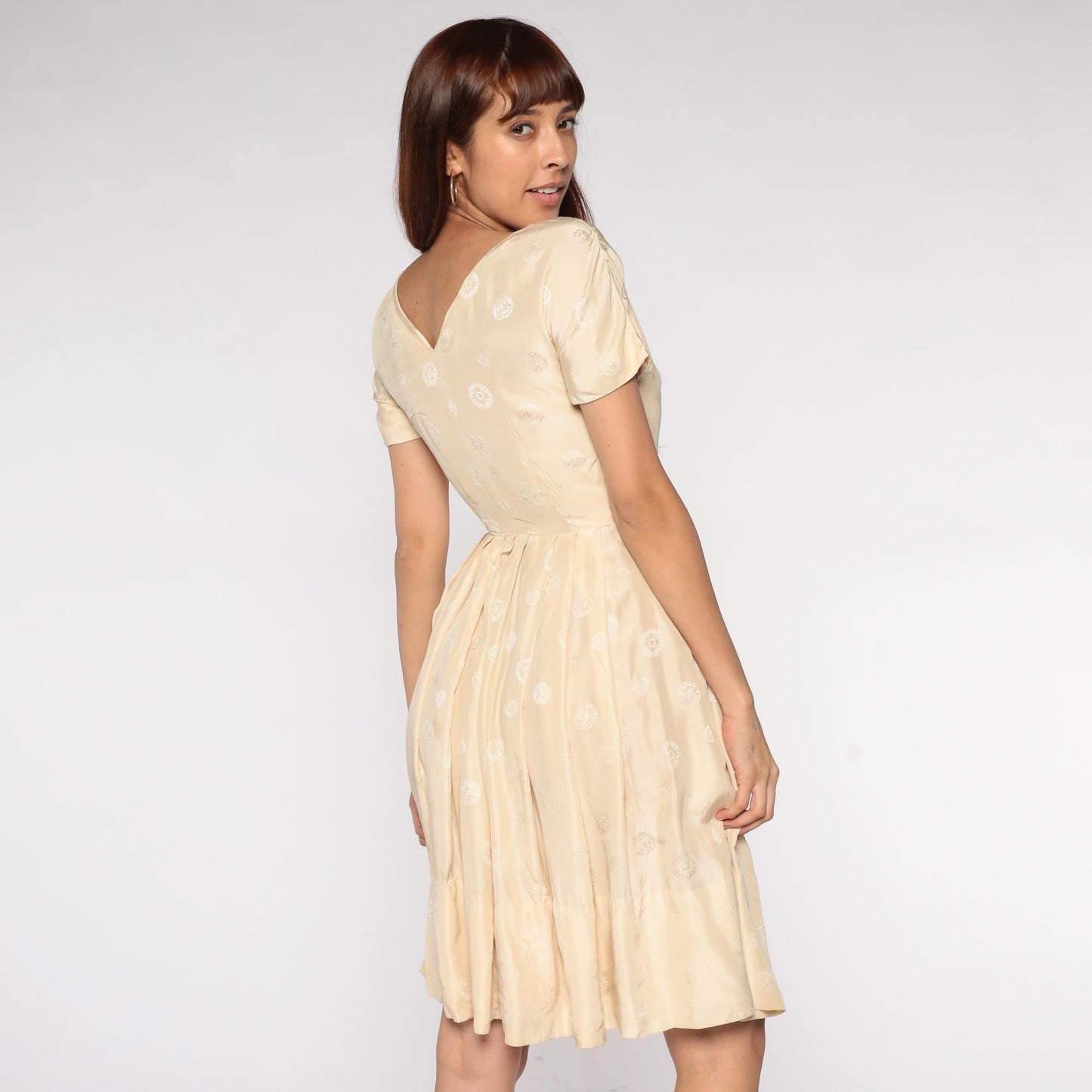 60s Cream Embroidered Floral Dress Short Sleeve Fit Flare Midi Extra Small XS