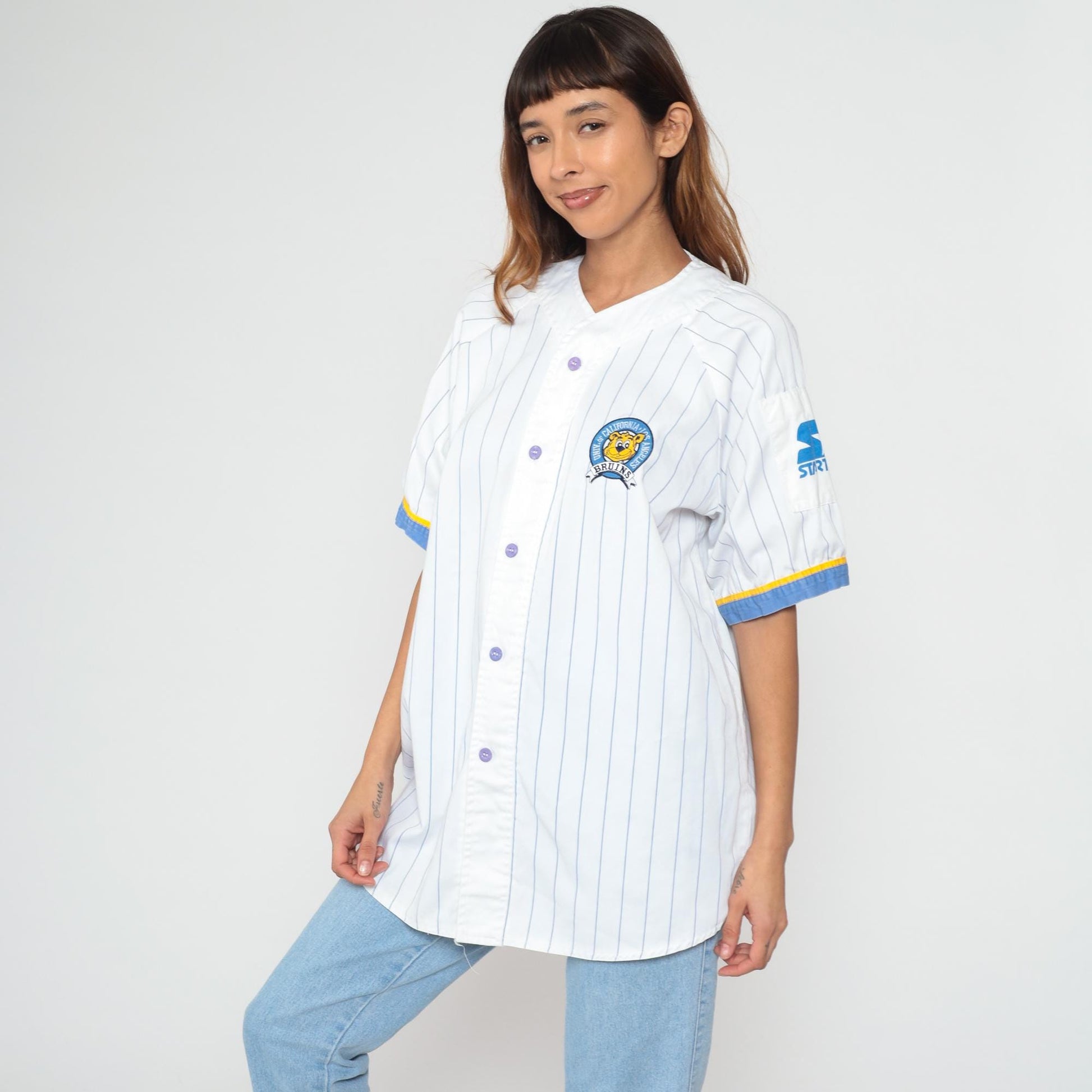 90s UCLA Bruins Baseball Jersey Starter White Pinstripe Button Front Extra Large XL