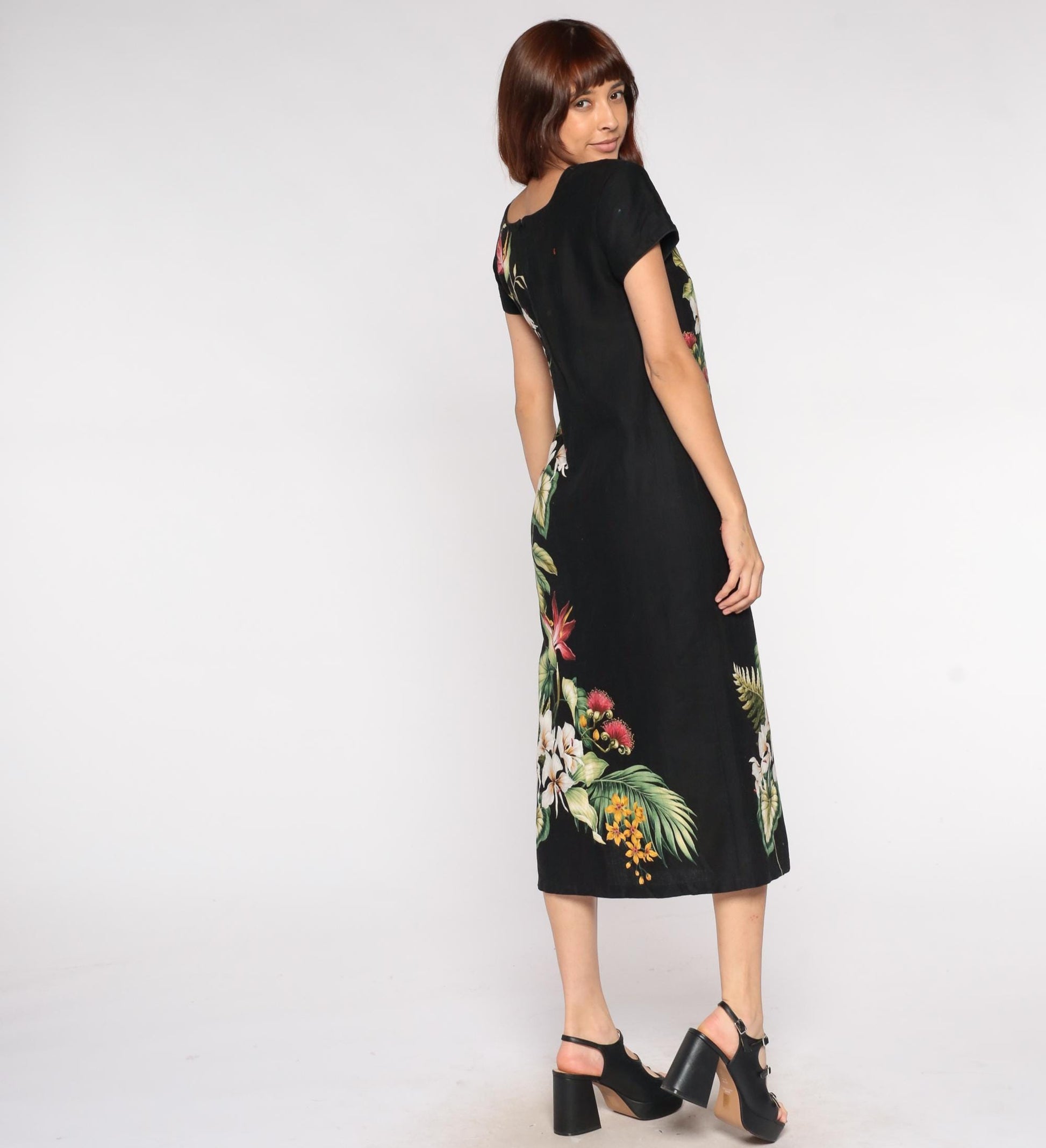 Young Hawaii Black Tropical Floral Midi Dress Bird of Paradise Cotton Small S
