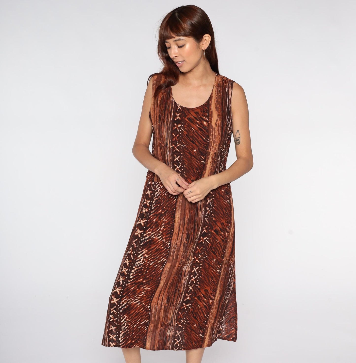 90s Rabbit Designs Batik Midi Dress Brown Tribal Print Rayon Medium