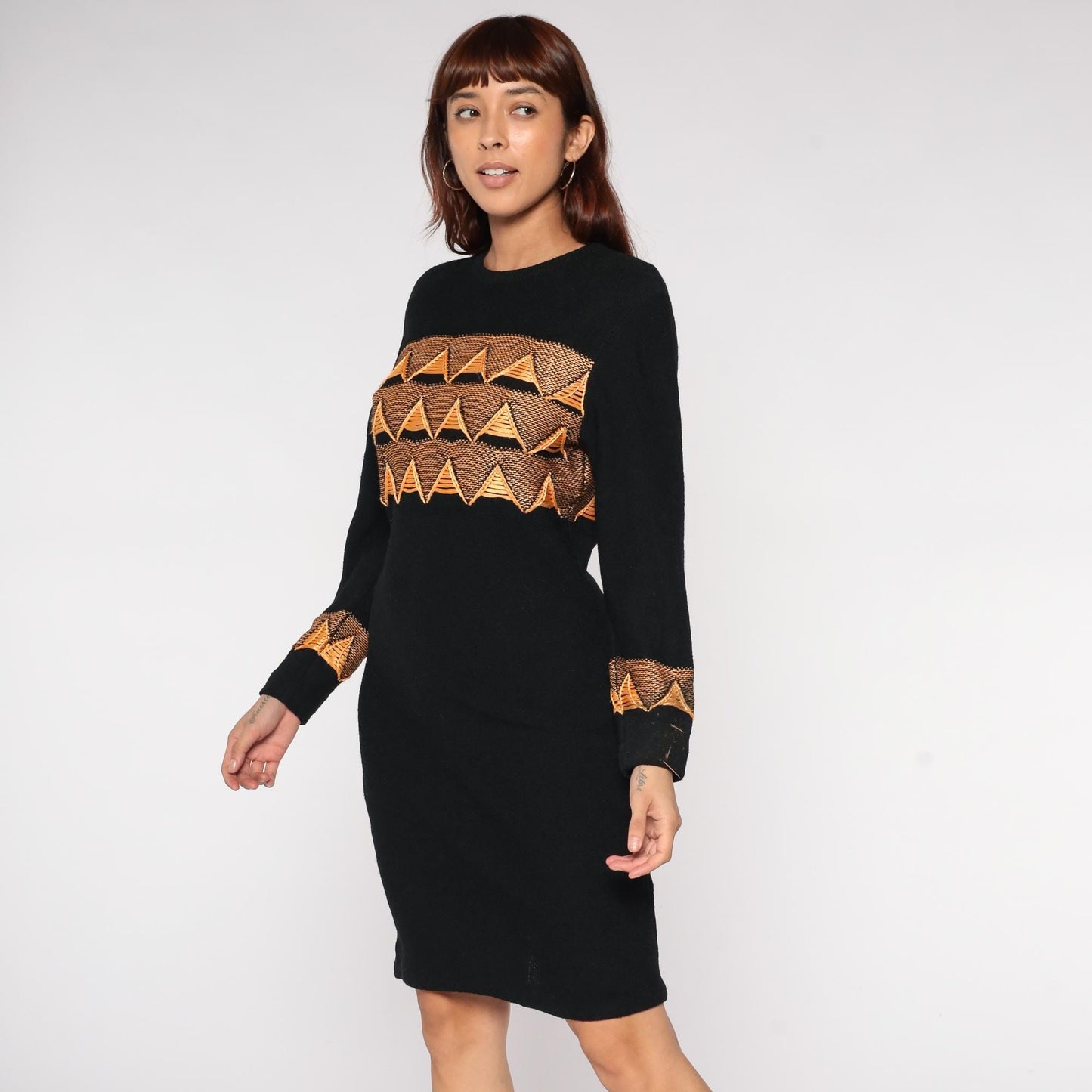 90s Steve Fabrikant Black Sweater Dress Gold Triangle Pattern Medium M