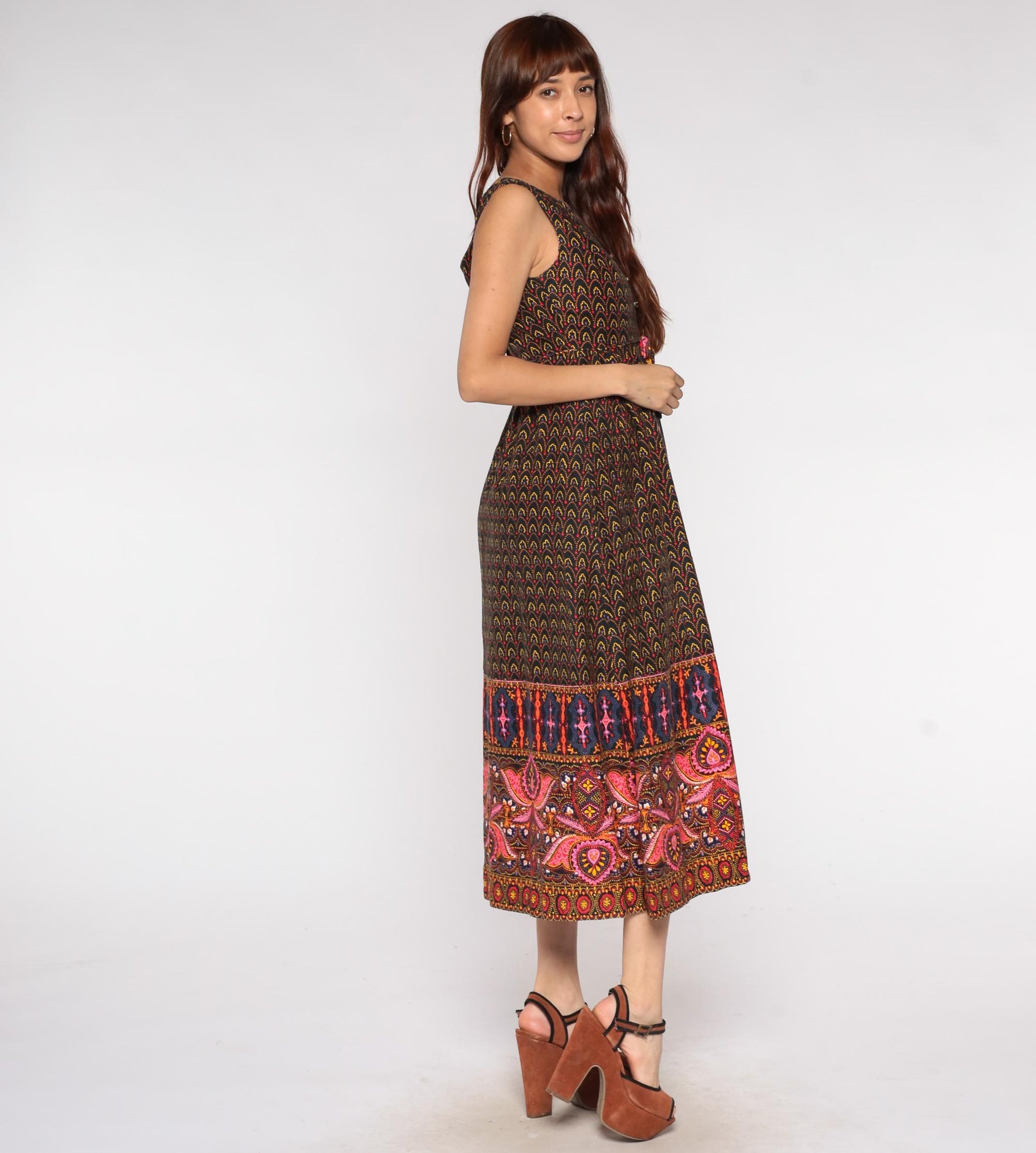 70s BJ's Fashions Honolulu Psychedelic Maxi Dress Cotton V-Neck Small