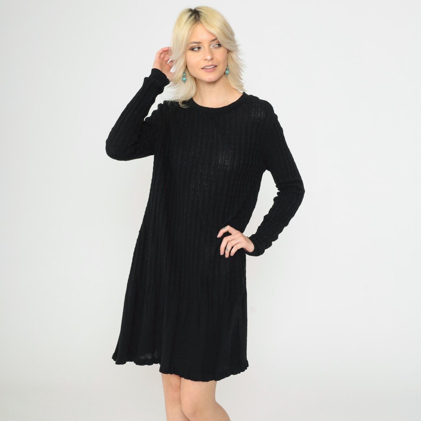 90s K Studio Black Ribbed Knit Sweater Dress Scalloped Hem Large