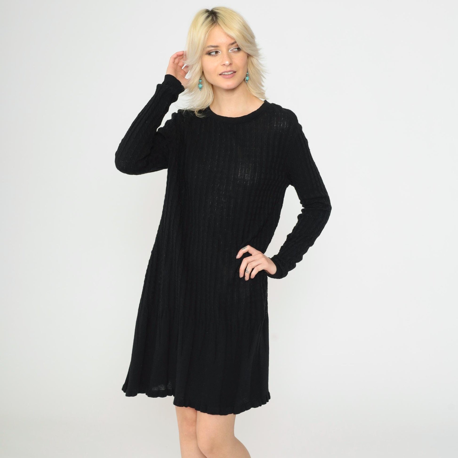 90s K Studio Black Ribbed Knit Sweater Dress Scalloped Hem Large