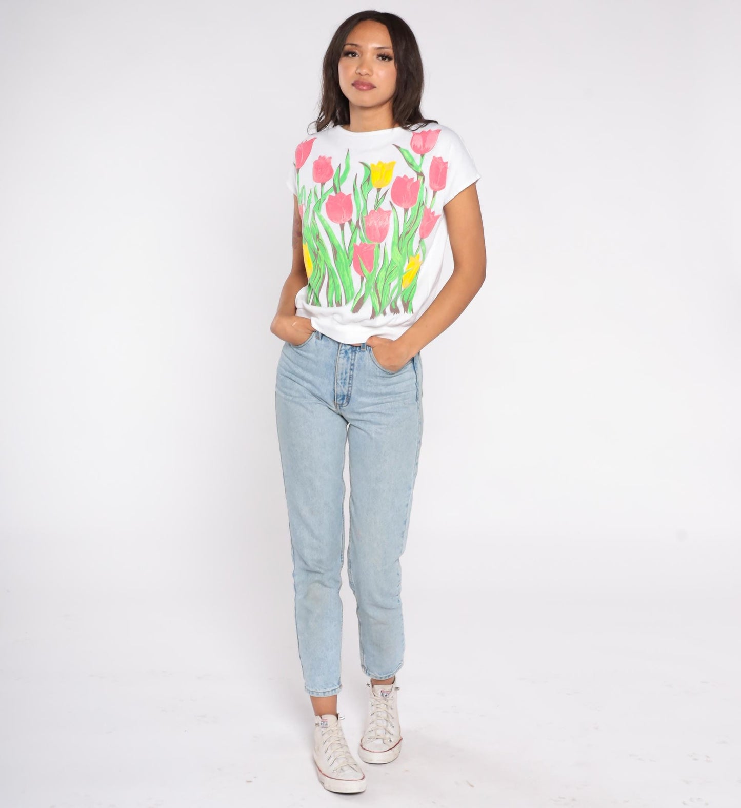 90s White Tulip Floral Cropped Cotton Shirt Small S