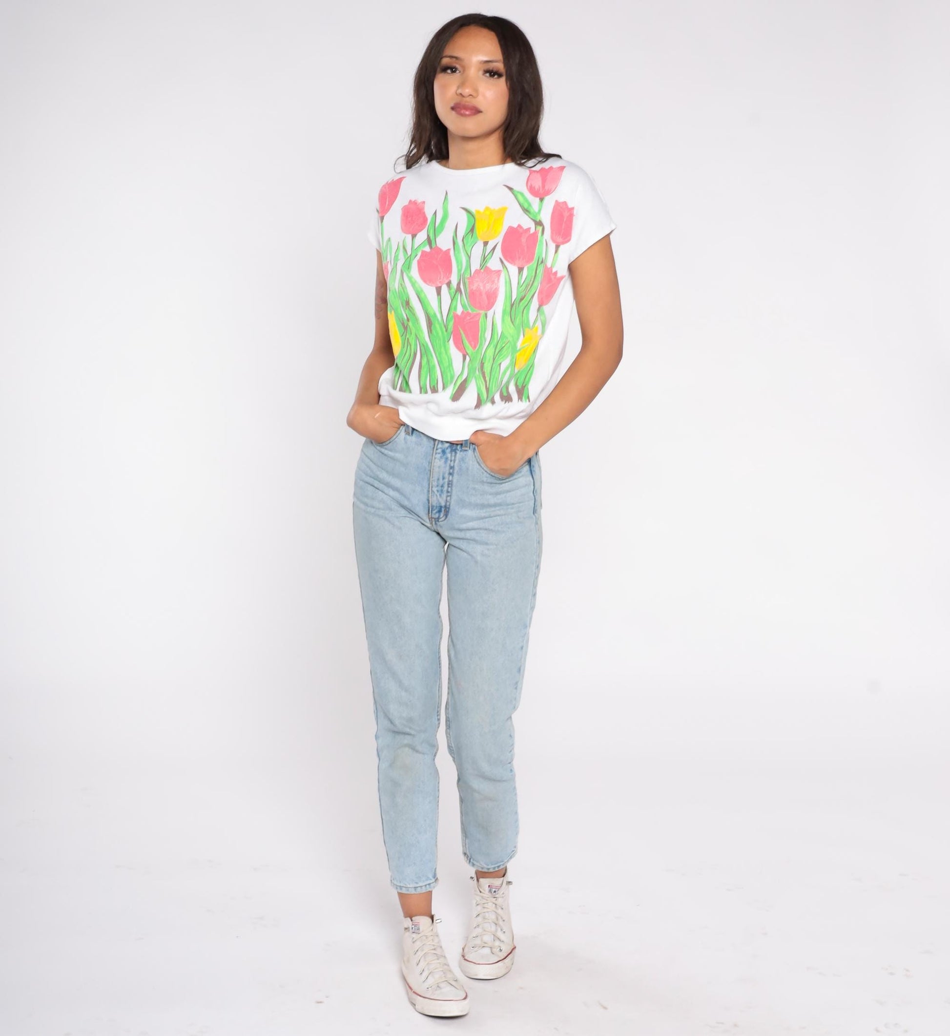 90s White Tulip Floral Cropped Cotton Shirt Small S