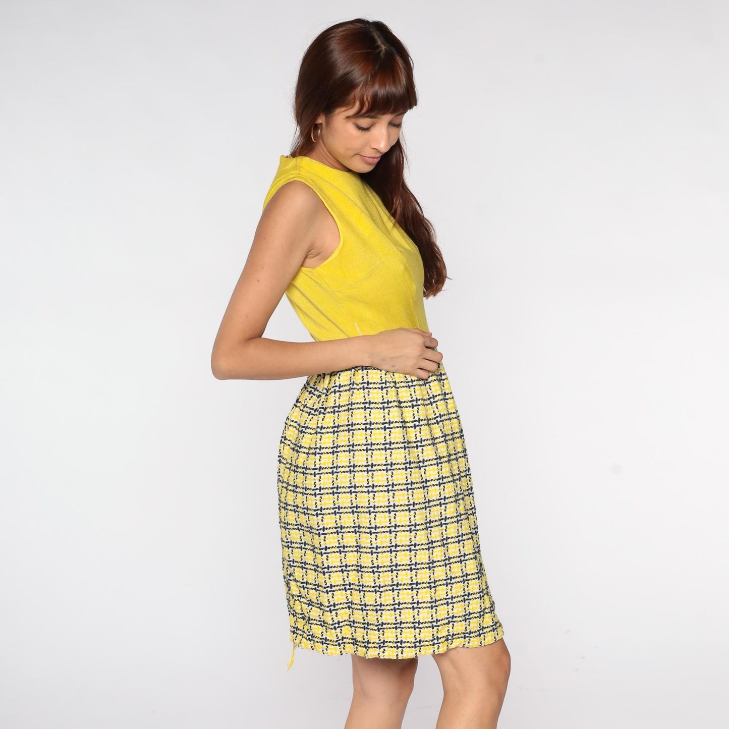60s Yellow Plaid Mod Mini Dress Colorblock Black White Crew Neck Small