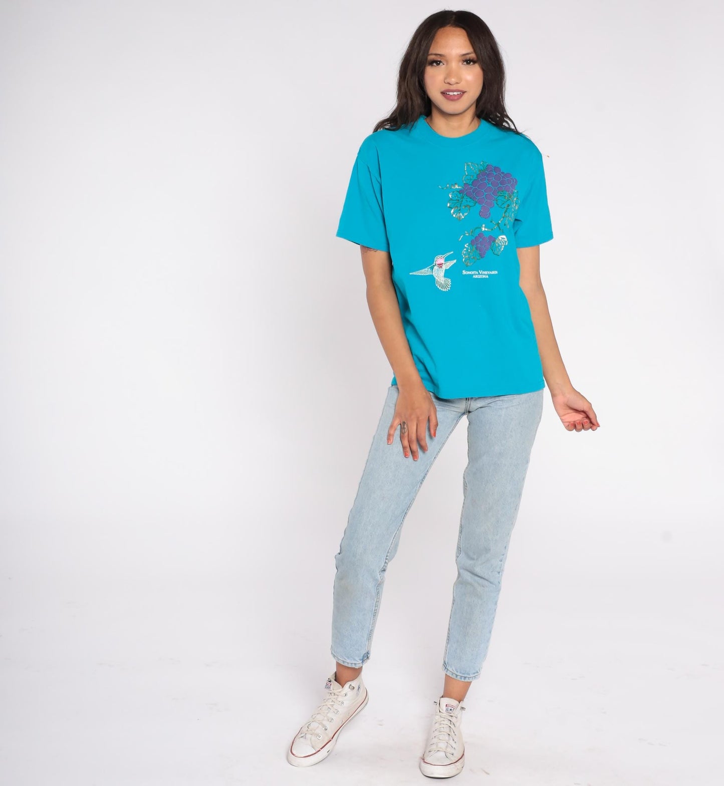 90s Sonoita Arizona Vineyards Graphic Tee Turquoise Hummingbird Purple Grapes Medium M