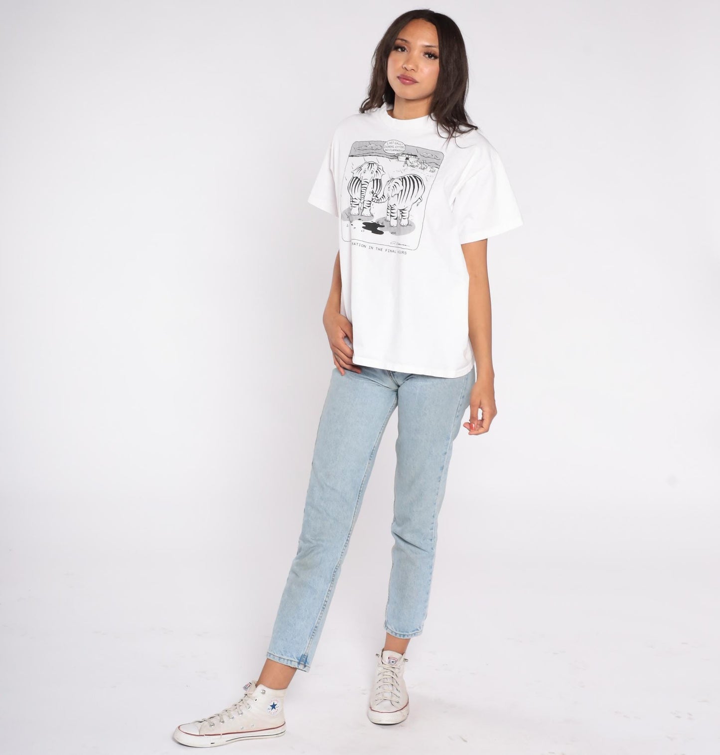 80s Noah's Ark Elephant Zebra Graphic T-Shirt Cotton Funny Animal Tee Large L