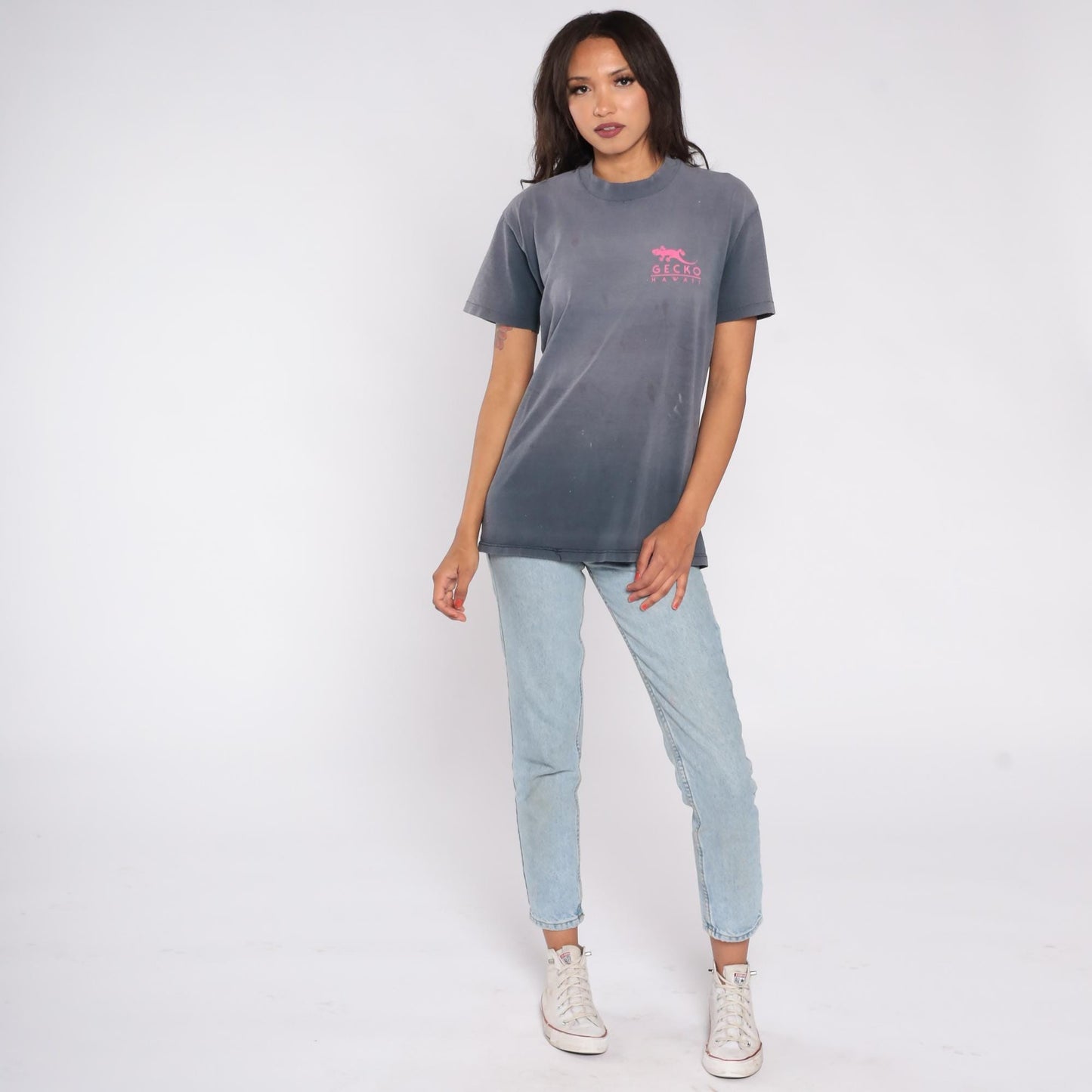 90s Gecko Hawaii Surf Tee Gray Neon Graphic Cotton Large L