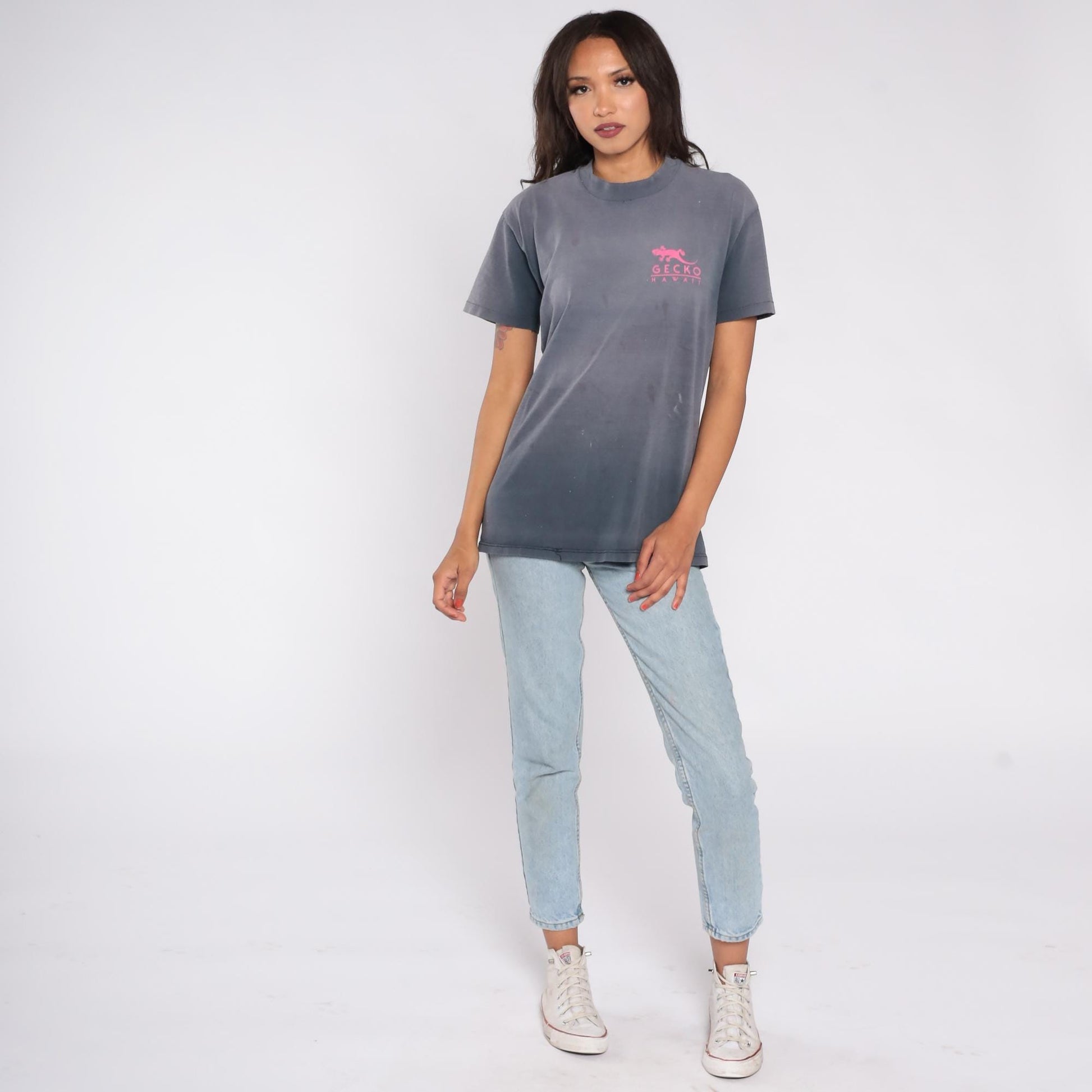 90s Gecko Hawaii Surf Tee Gray Neon Graphic Cotton Large L