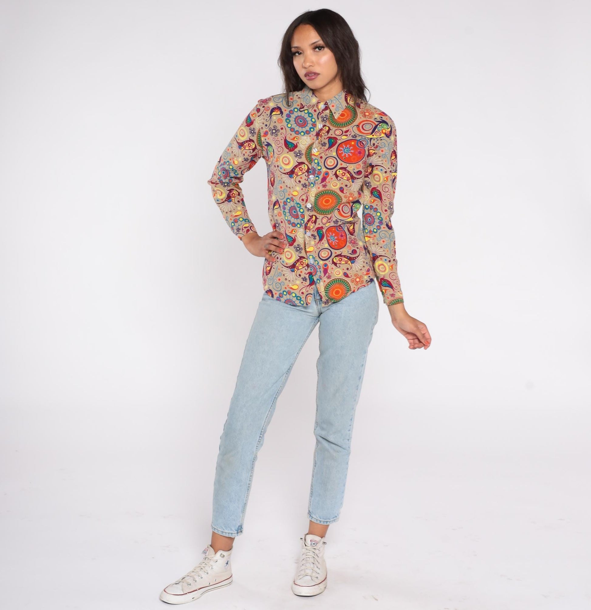 Y2K Psychedelic Button Down Shirt Beige Paisley Swirl Cotton Small S