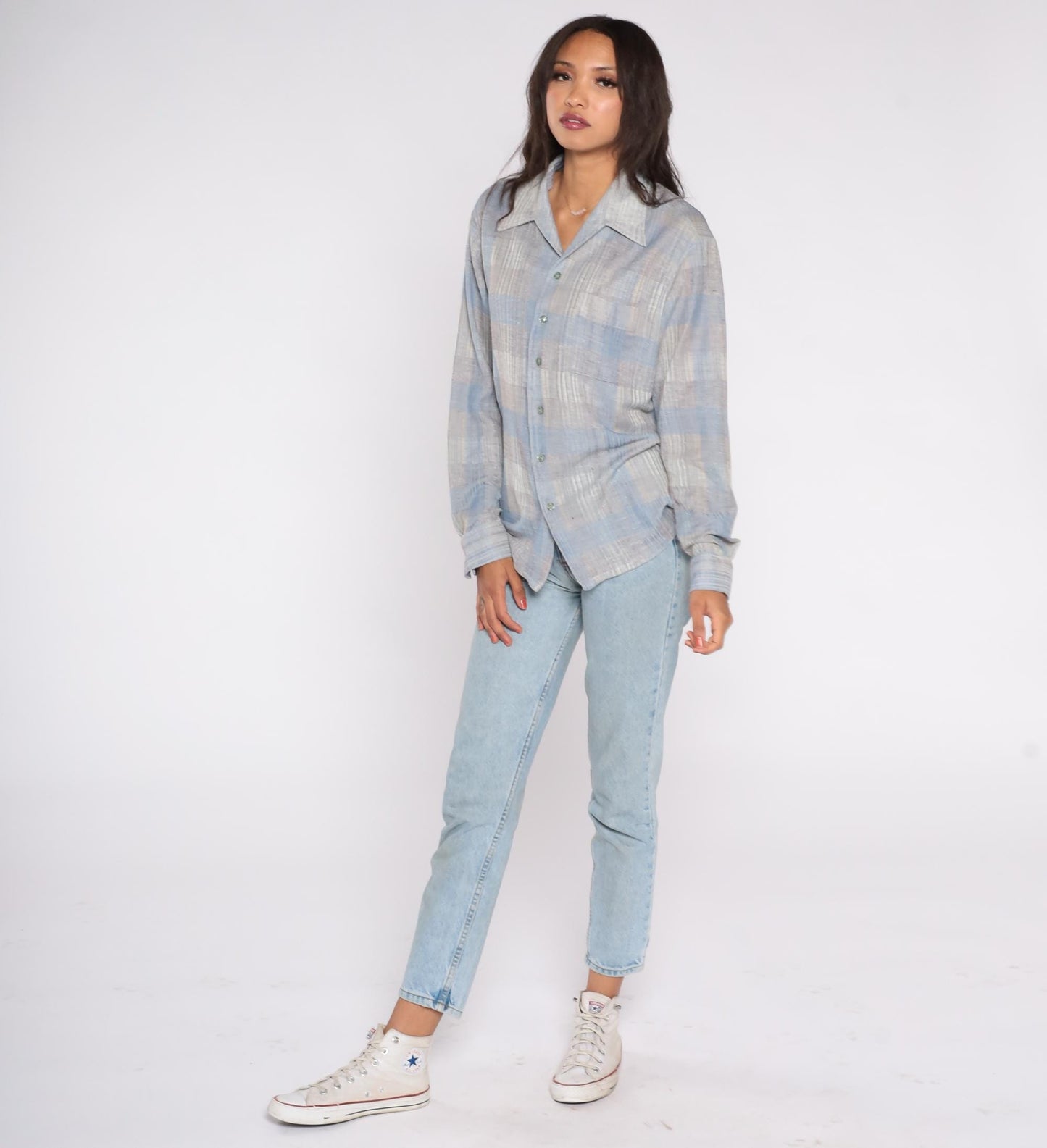 70s Joel Plaid Button-Down Shirt Blue Grey Polyester Long Sleeve Extra Large XL