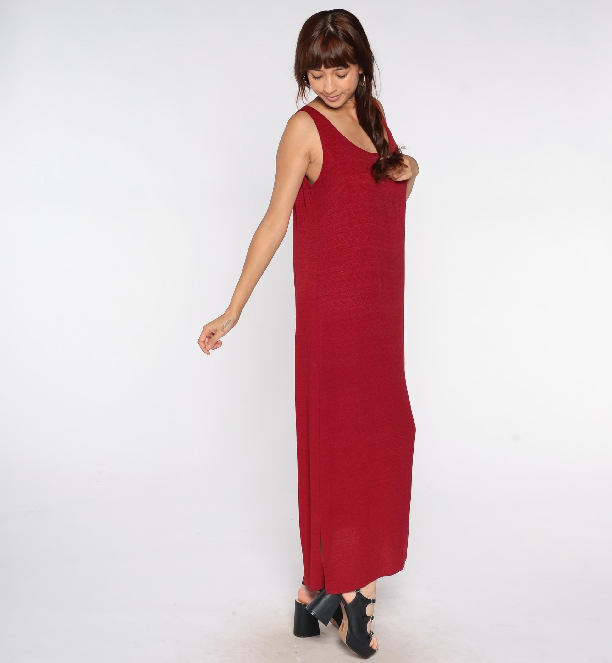 90s Jessica Howard Burgundy Maxi Dress Sleeveless Column Scoop Neck Side Slit Large