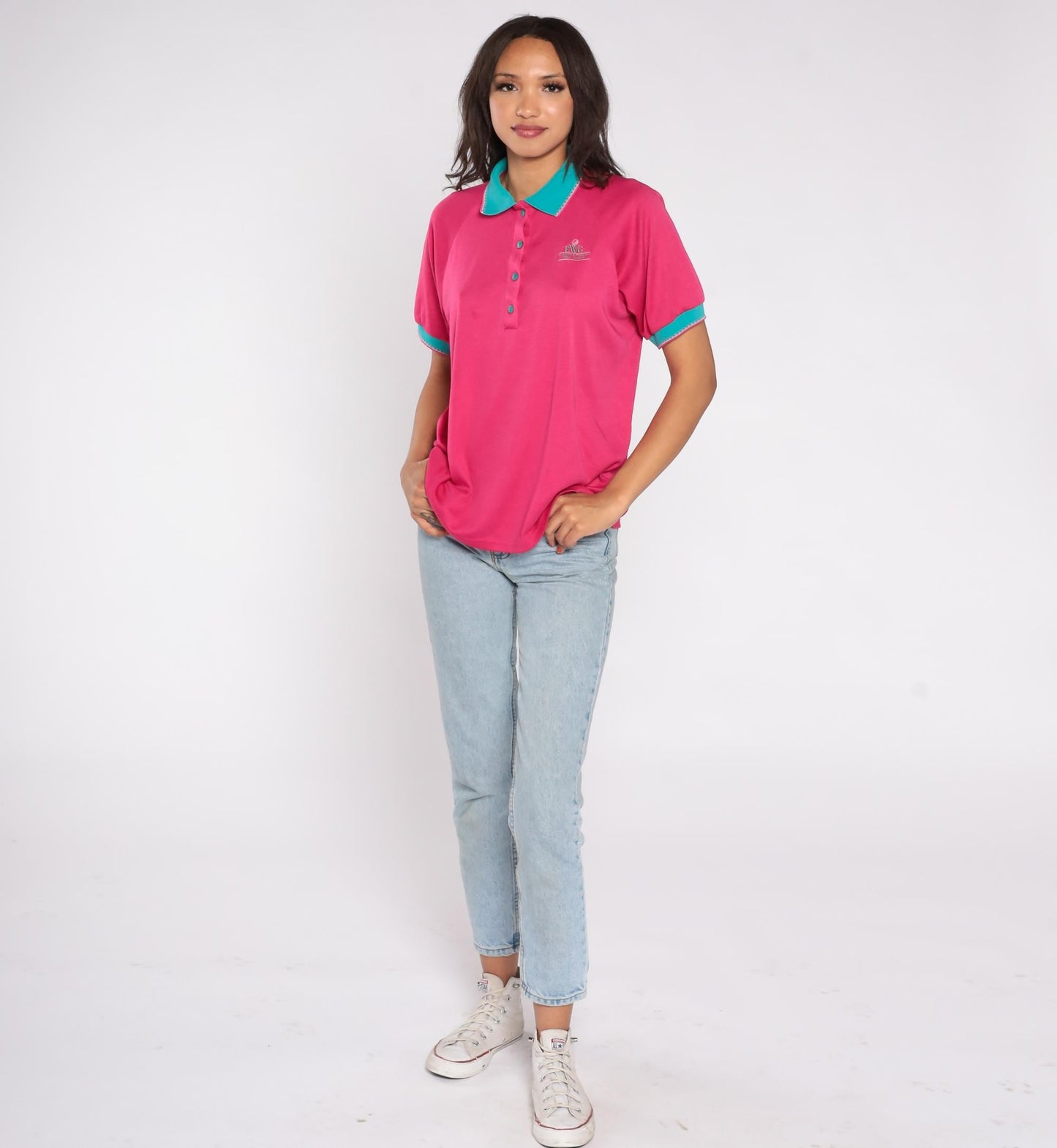 90s Bette & Court Hot Pink Polo Shirt Teal Trim Golf EWG Large L