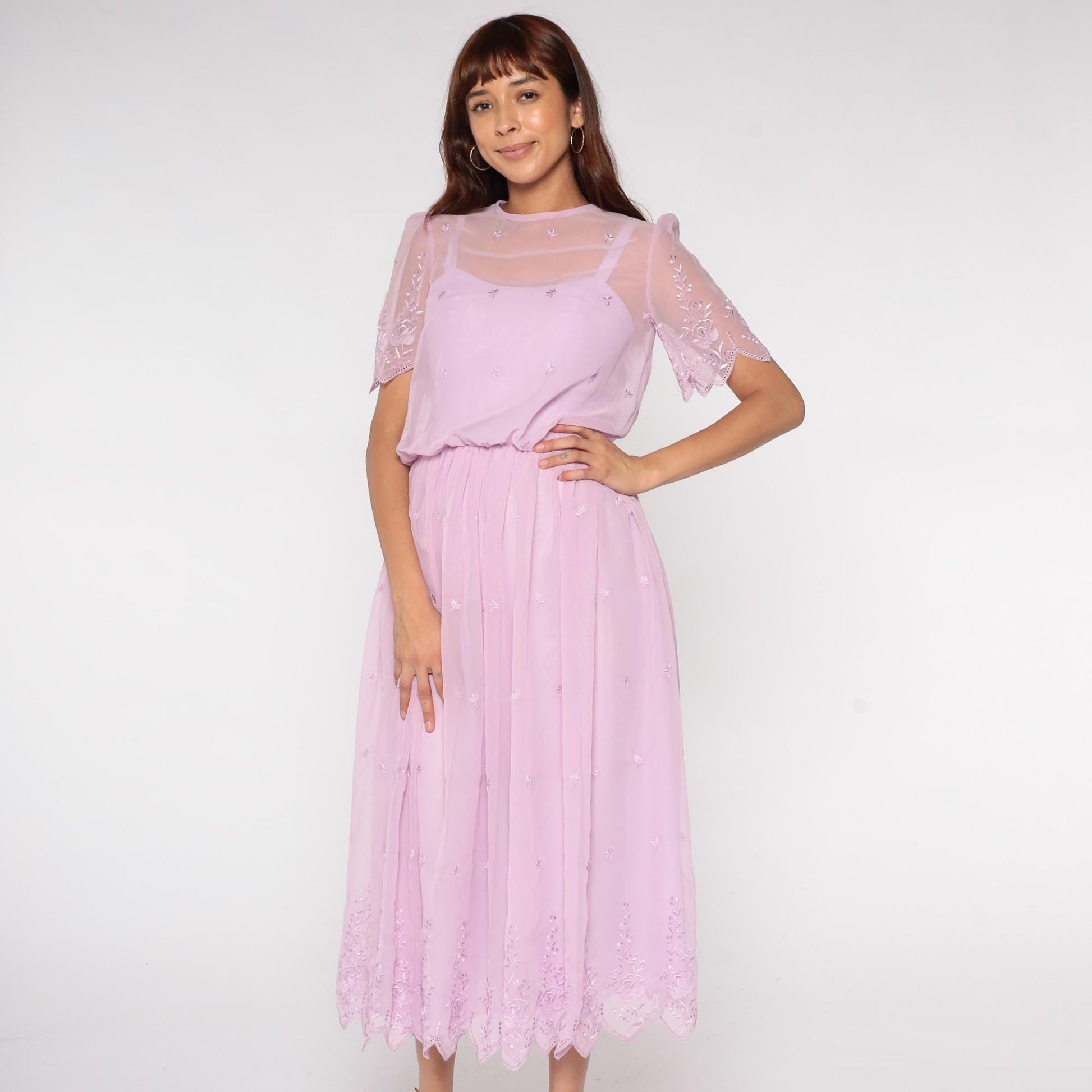 70s Lavender Prairie Dress Sheer Embroidered Midi Floral Scalloped Small