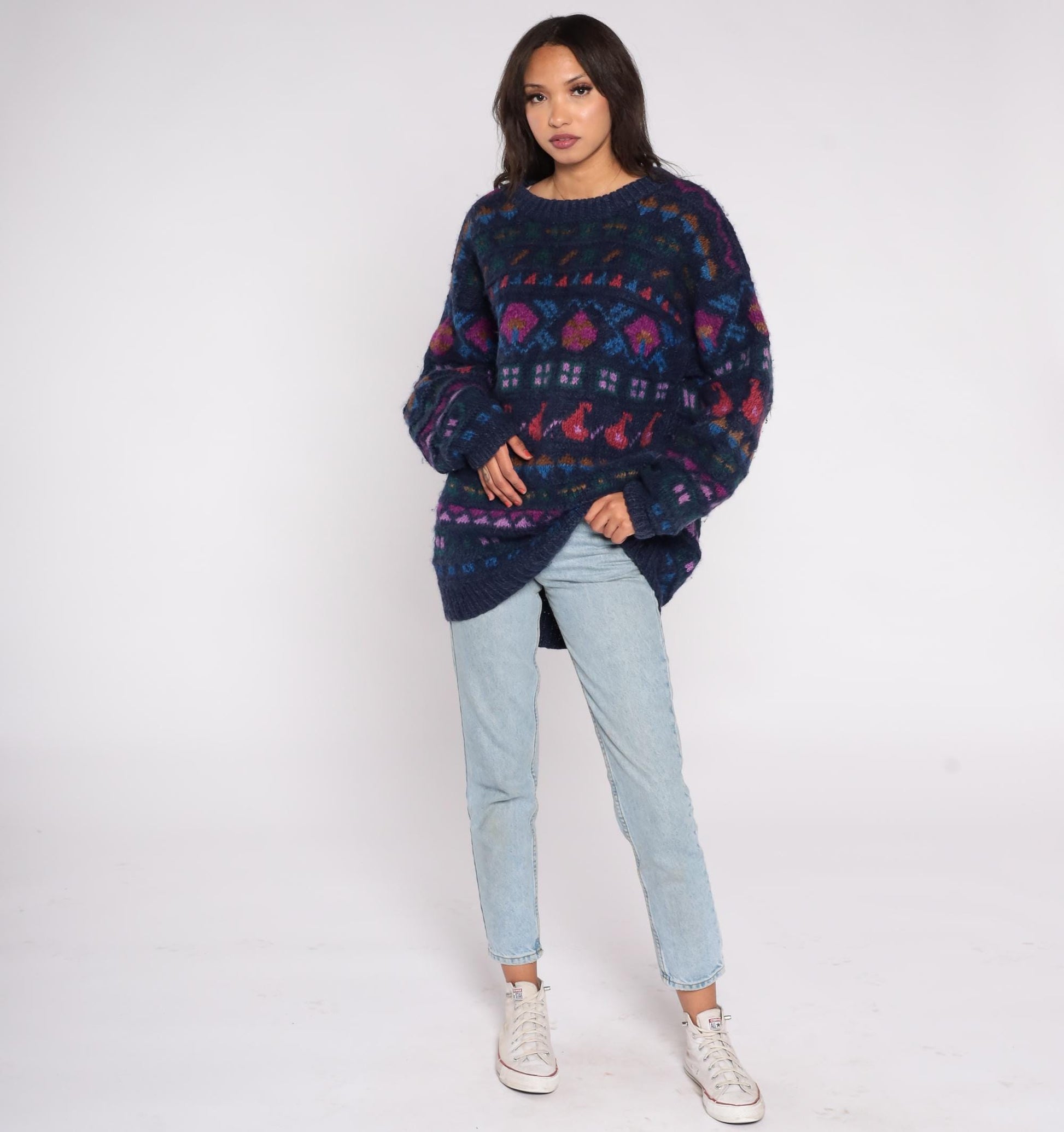 90s Ganesh Himal Hand Knit Wool Sweater Navy Fair Isle Geometric Pullover Extra Large