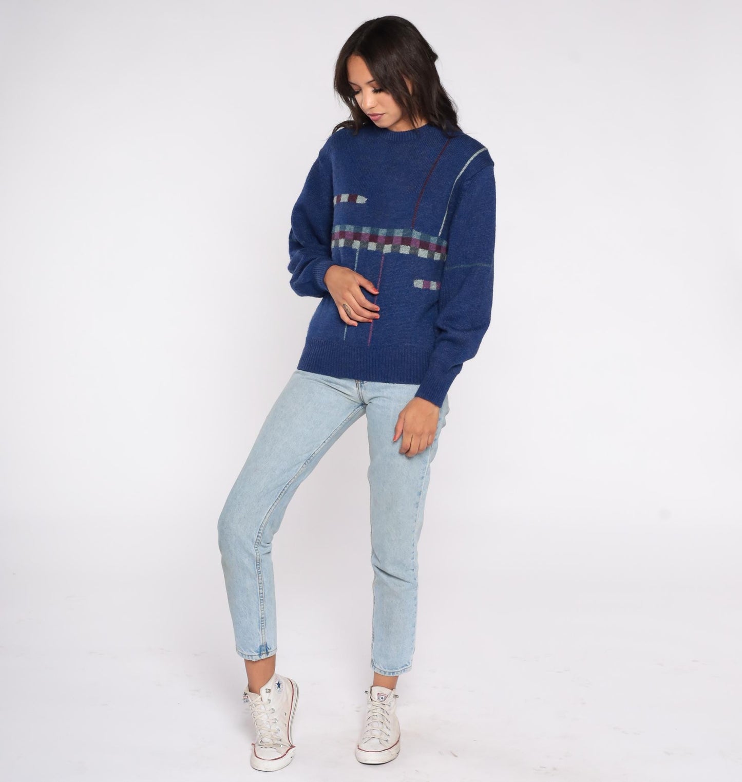 80s Navy Wool Blend Sweater Abstract Geometric Pattern Crewneck Medium