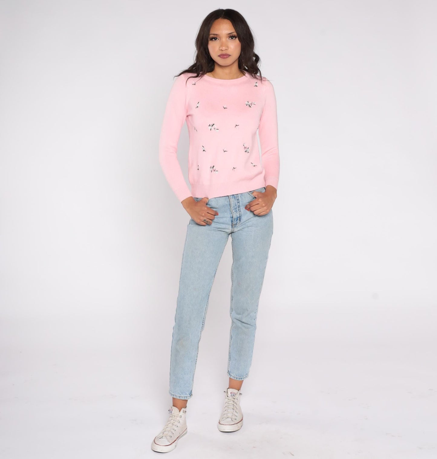 70s Pink Floral Embroidered Knit Sweater Crew Neck Long Sleeve Small S