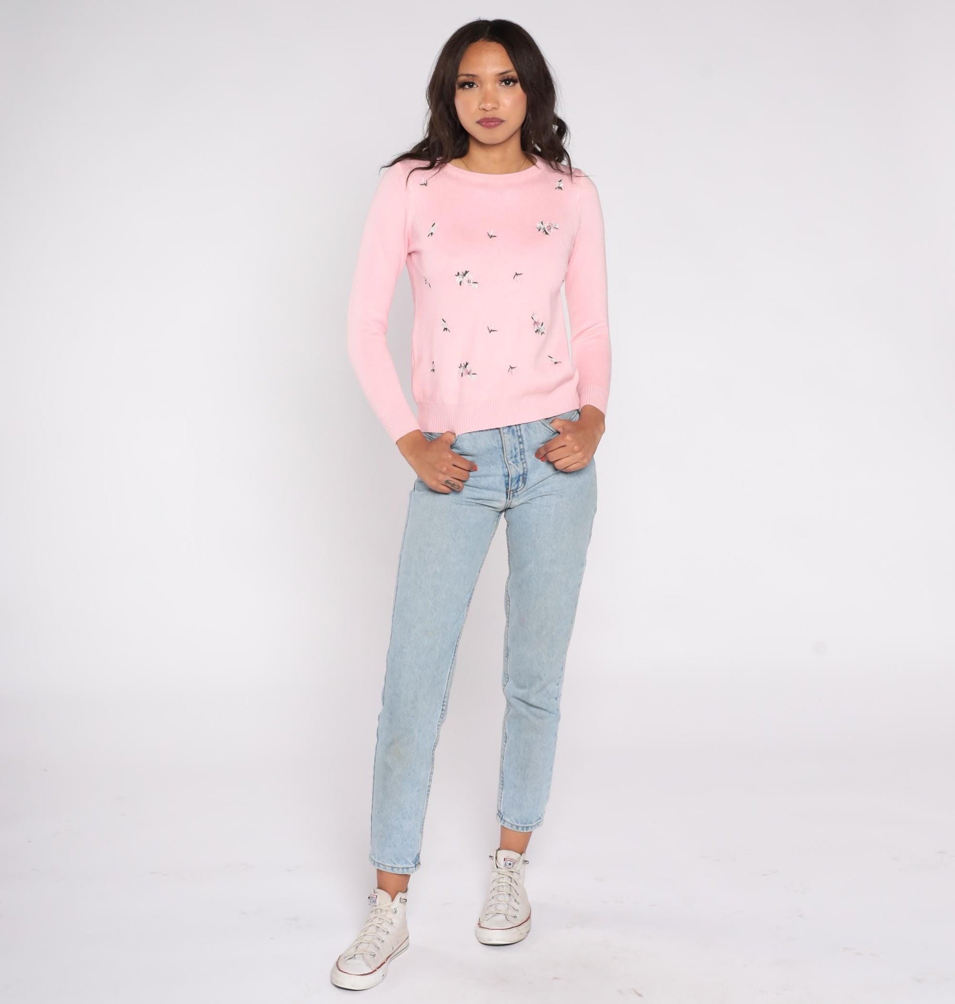 70s Pink Floral Embroidered Knit Sweater Crew Neck Long Sleeve Small S