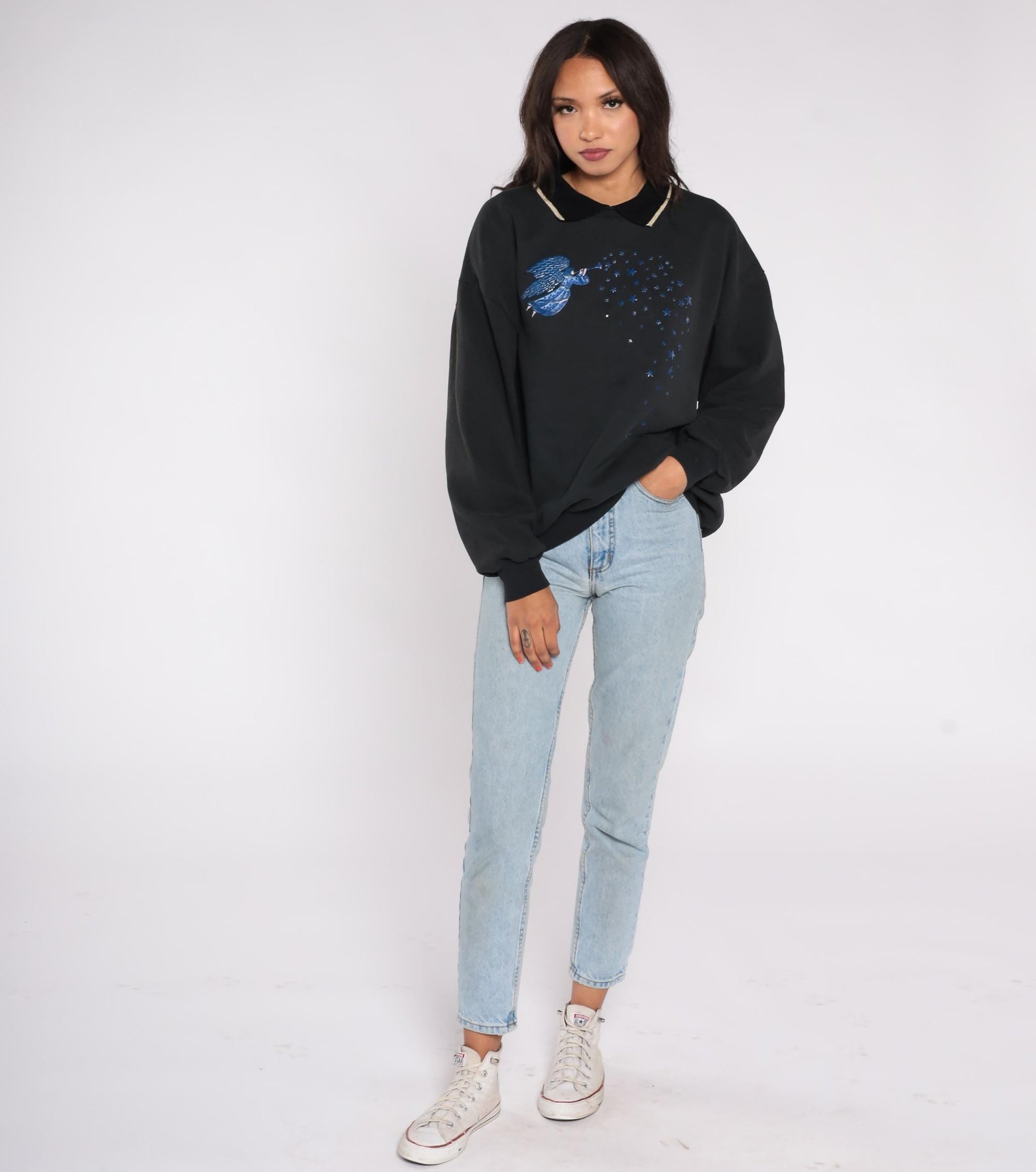 90s Morning Sun Angel Celestial Sweatshirt Black Blue Graphic Cotton Plus 1X