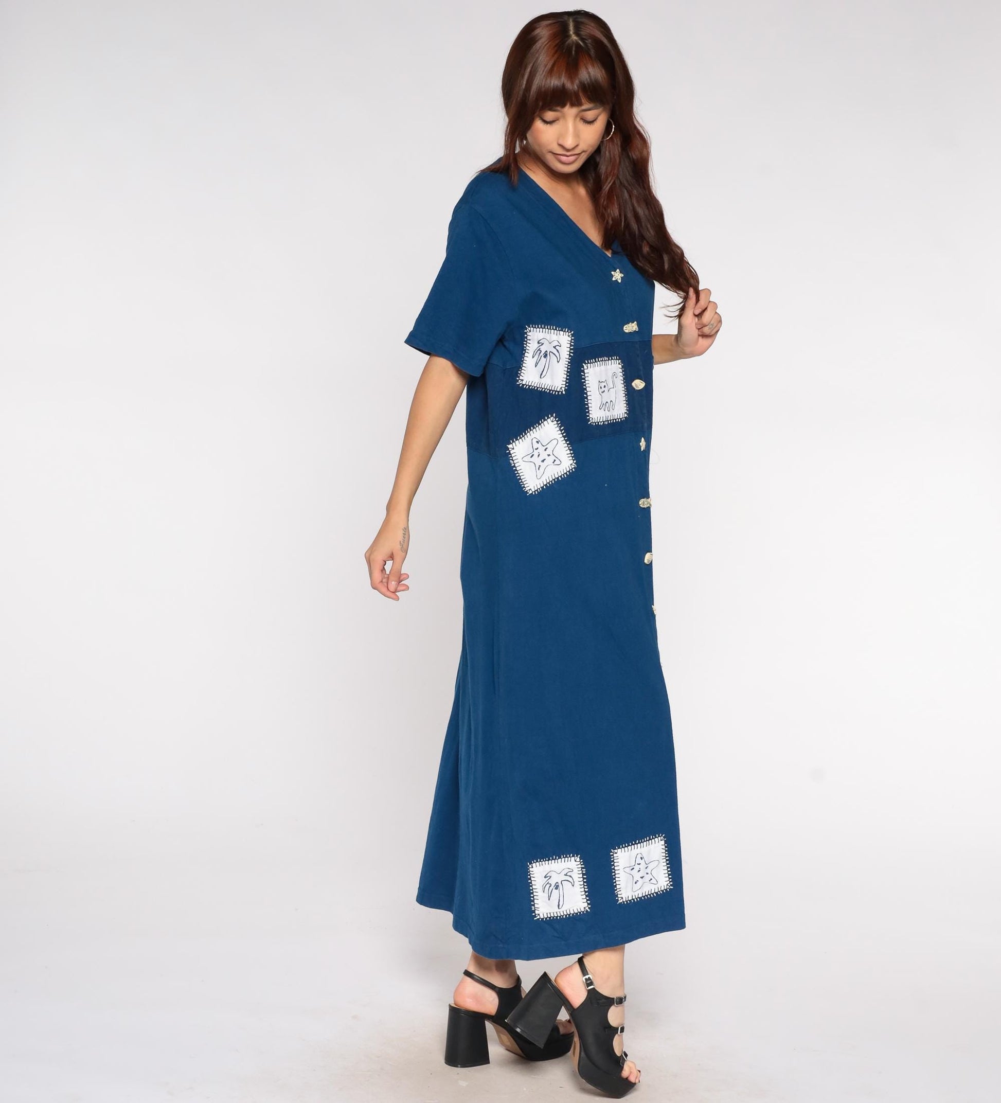 Y2K Navy Caftan Cat Fish Embroidered Button Front Maxi Cotton XL